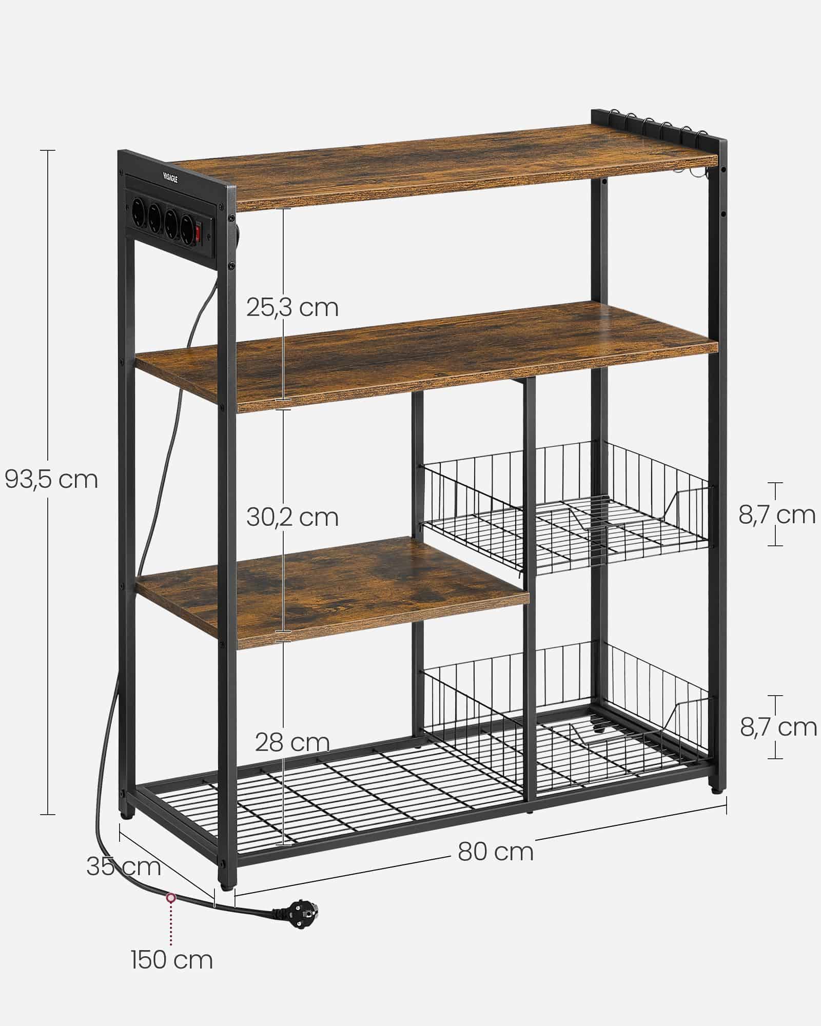 VASAGLE Küchenregal mit Steckdosen Vintagebraun-Schwarz