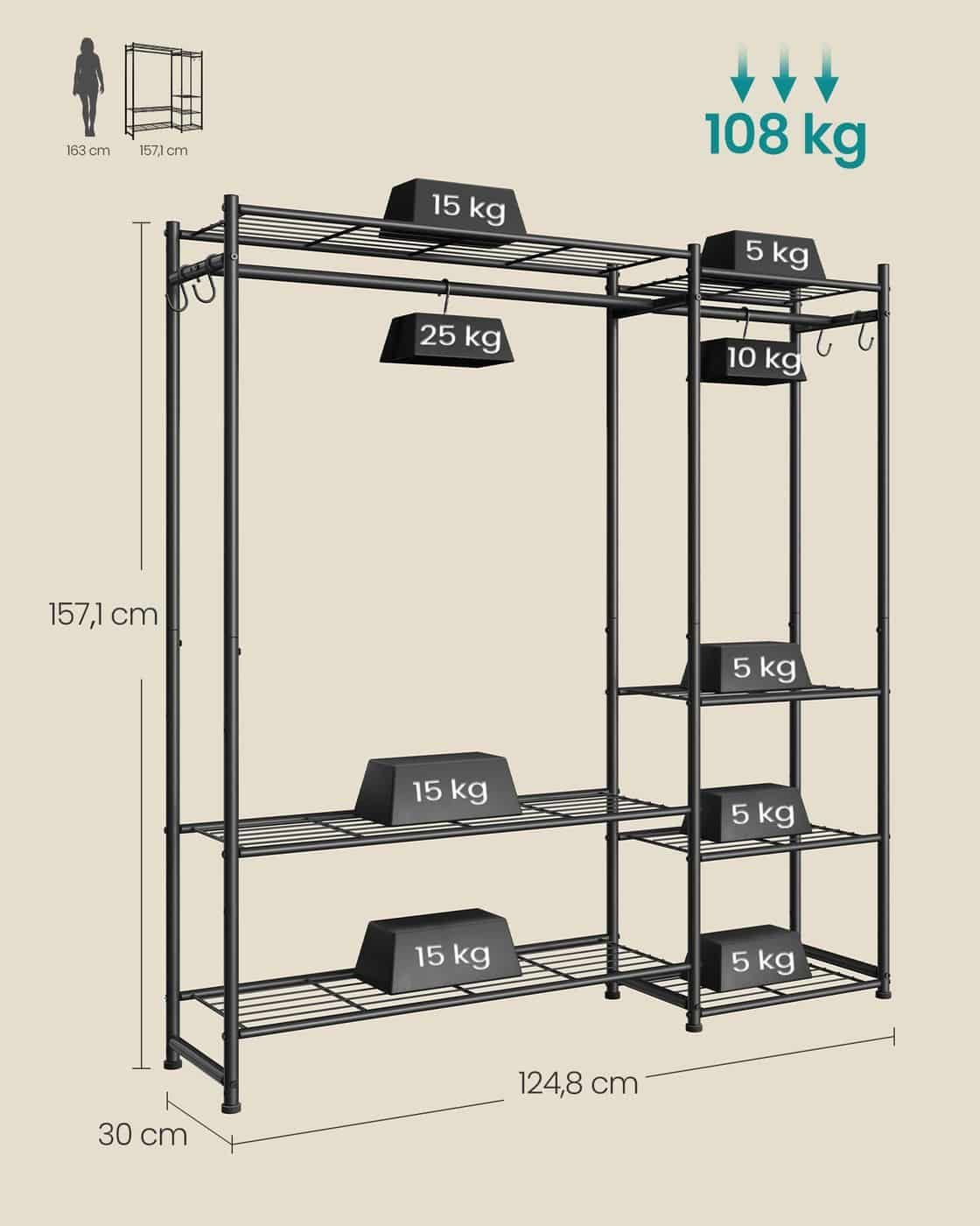 Offener Kleiderschrank mit 7 Ablagen und 2 Kleiderstangen Offener Kleiderschrank mit 7 Ablagen und 2 Kleiderstangen
