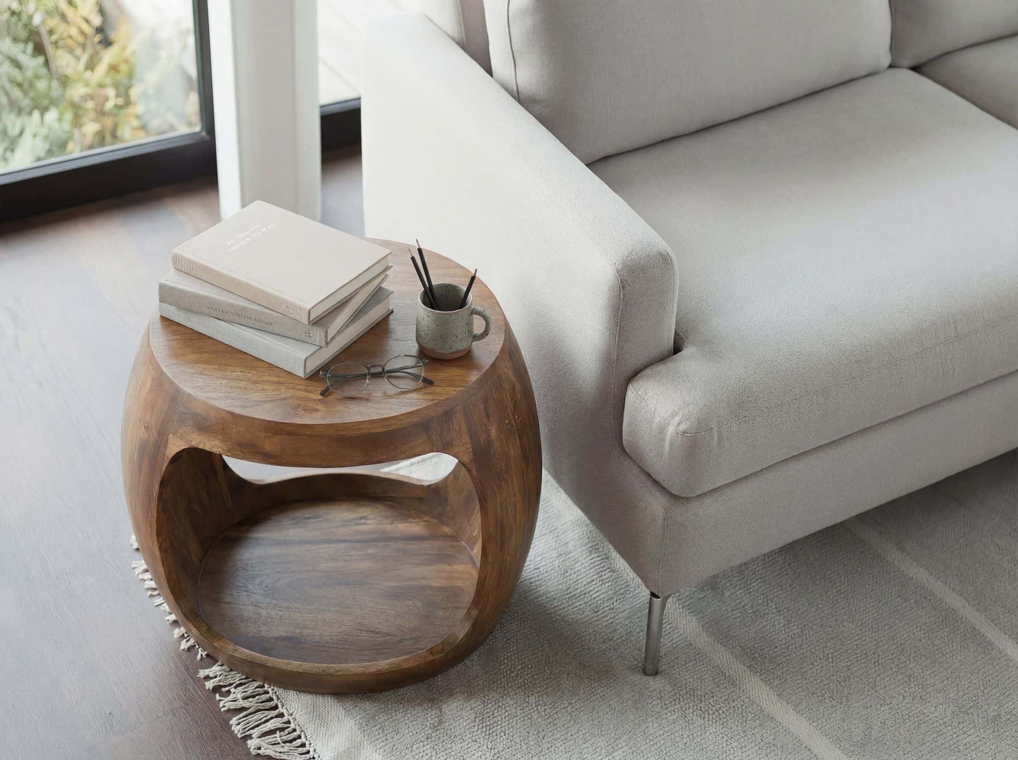 Beistelltisch 50cm Mango Massivholz rund mit Ablagefach - Couchtisch Echtholz handgefertigt