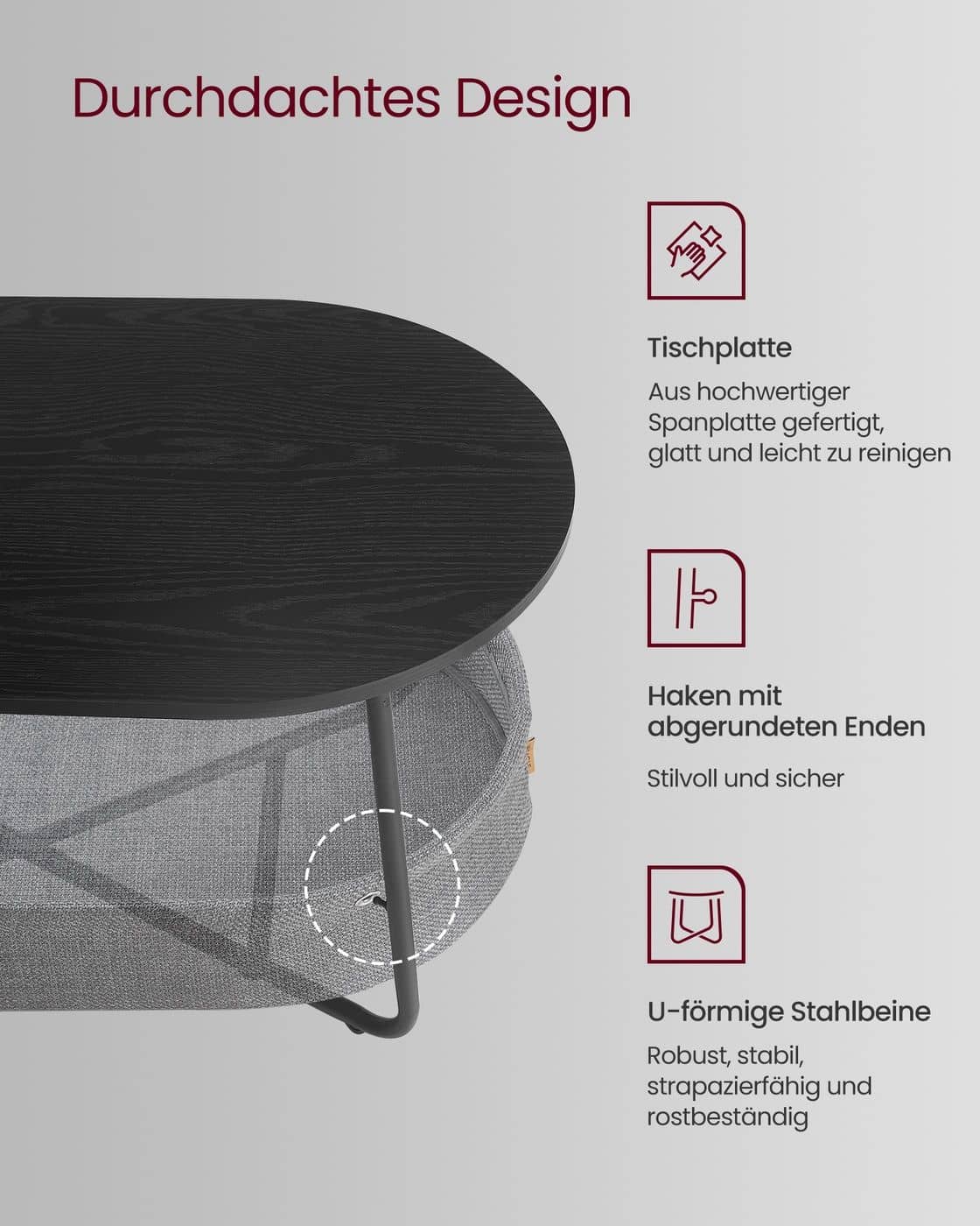 Couchtisch oval mit Stauraum und Stoffkorb Tintenschwarz-Schiefergrau