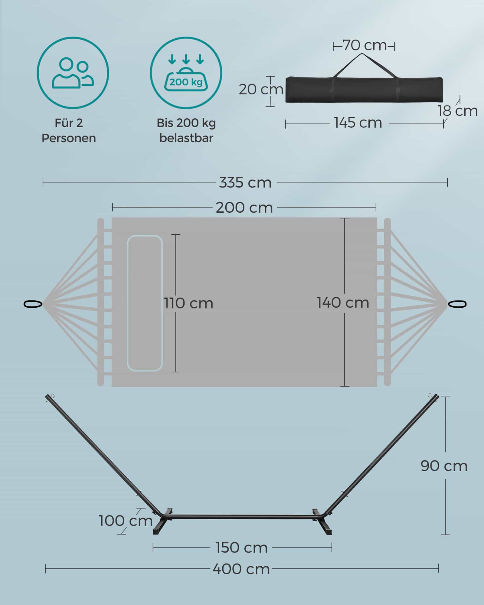 Hängematte mit Gestell, Hängemattengestell aus Metall, bis 200 kg belastbar Hängematte mit Gestell, Hängemattengestell aus Metall, bis 200 kg belastbar