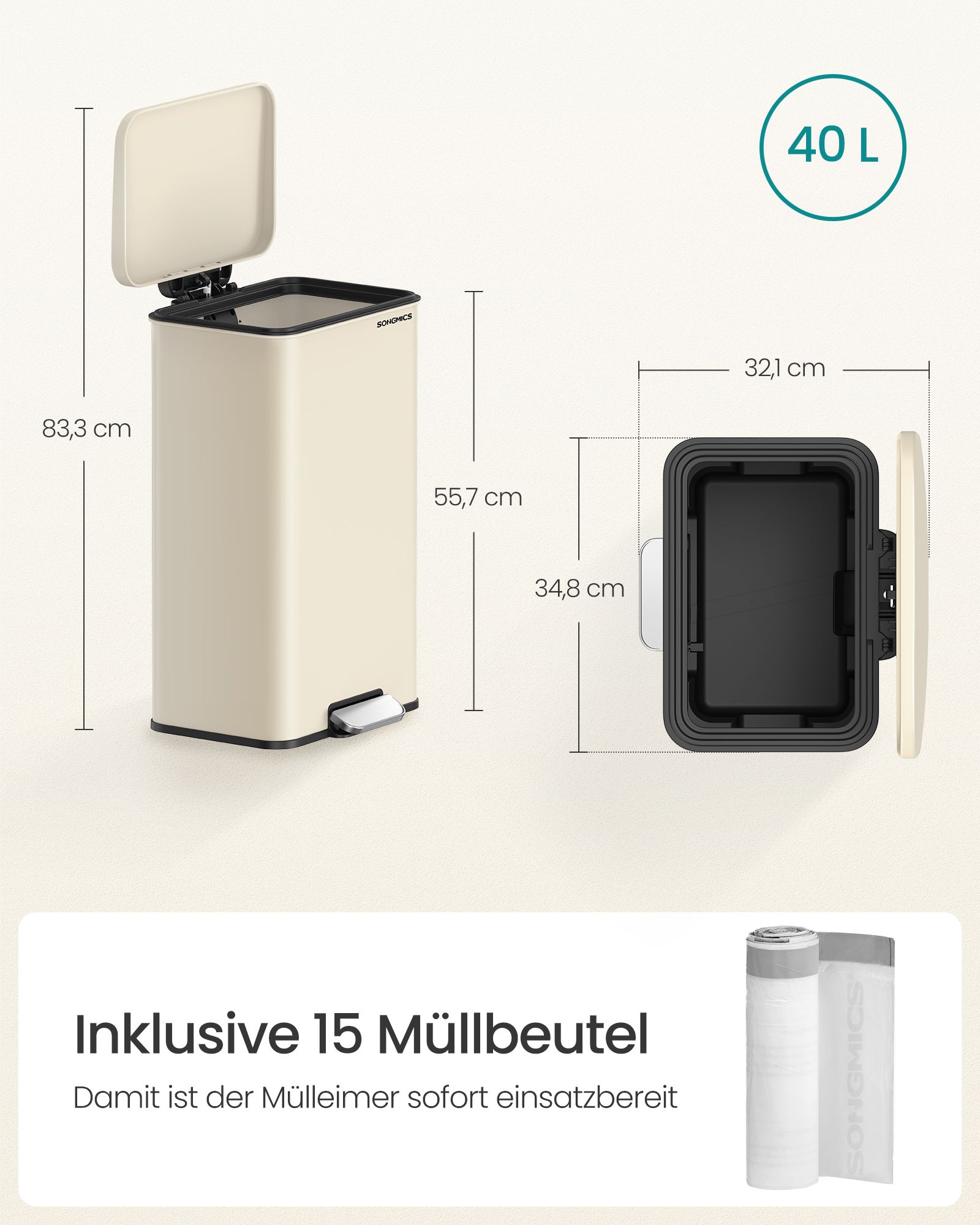 Mülleimer 40 L mit Deckel – Sandbeige Mülleimer 40 L mit Deckel – Sandbeige