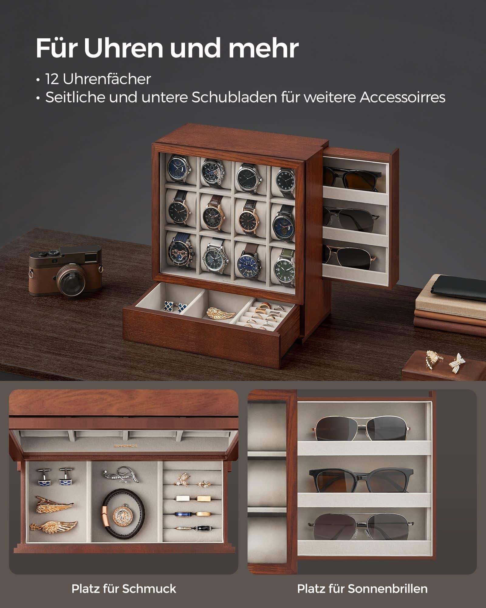 Uhrenbox 12 Fächer mit Fenster Geschenkidee kaffeebraun Uhrenbox 12 Fächer mit Fenster Geschenkidee kaffeebraun