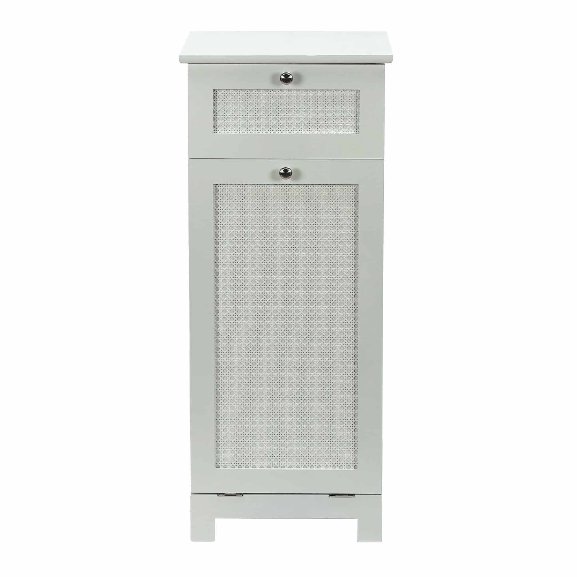 Wäscheschrank Weiß 38x90x40 cm Ratten Geflecht Nischenschrank Bad - Schmaler Wäschekipper mit Klapptür und Schublade - Badschrank Wäschesammler Badezimmer