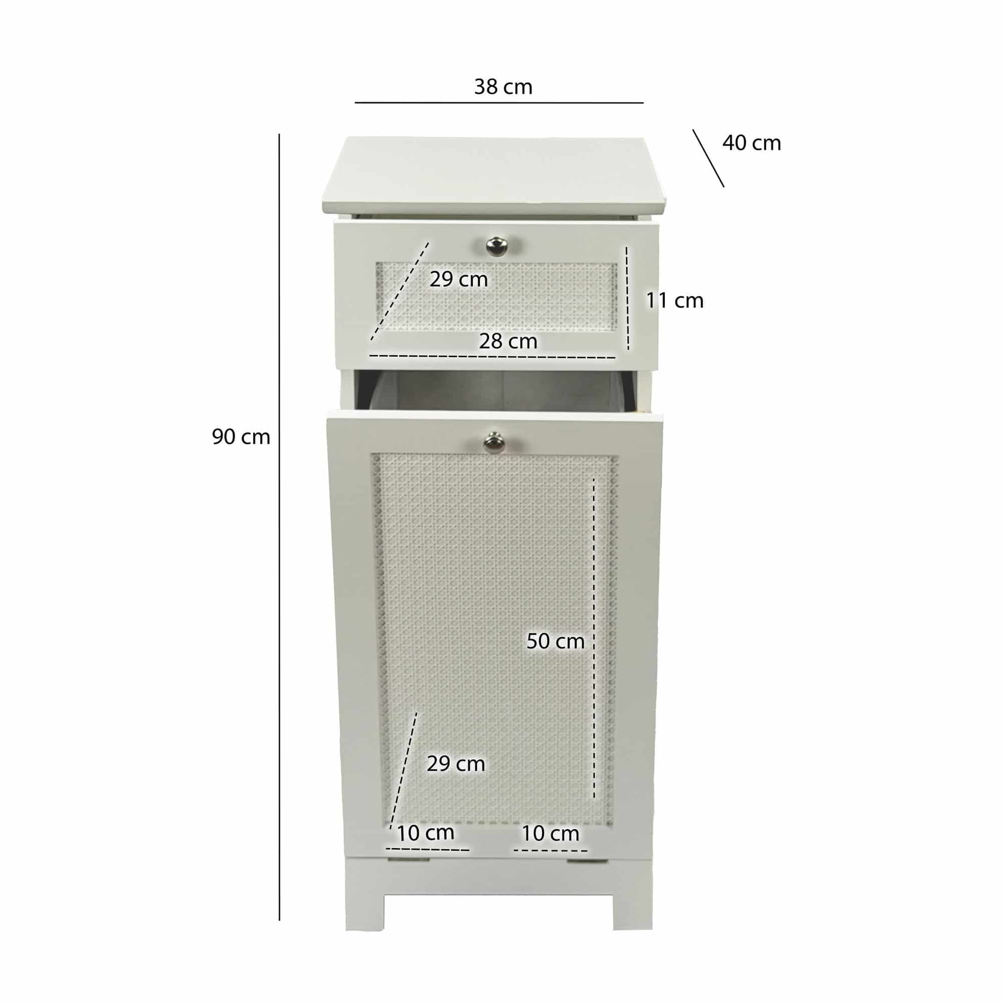 Wäscheschrank Weiß 38x90x40 cm Ratten Geflecht Nischenschrank Bad - Schmaler Wäschekipper mit Klapptür und Schublade - Badschrank Wäschesammler Badezimmer