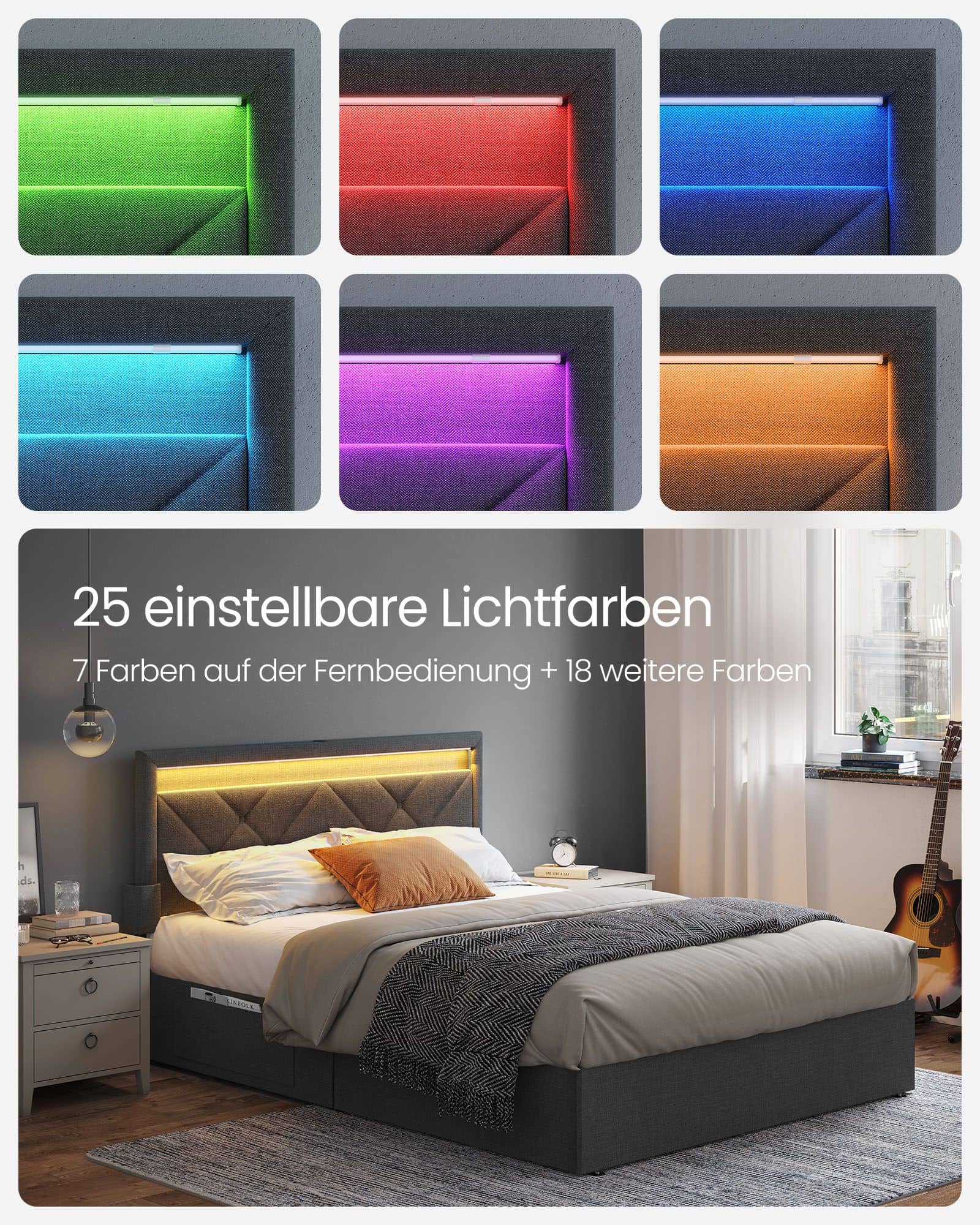 Bett 140 x 200 cm mit Ladestation schiefergrau-mattschwarz Bett 140 x 200 cm mit Ladestation schiefergrau-mattschwarz