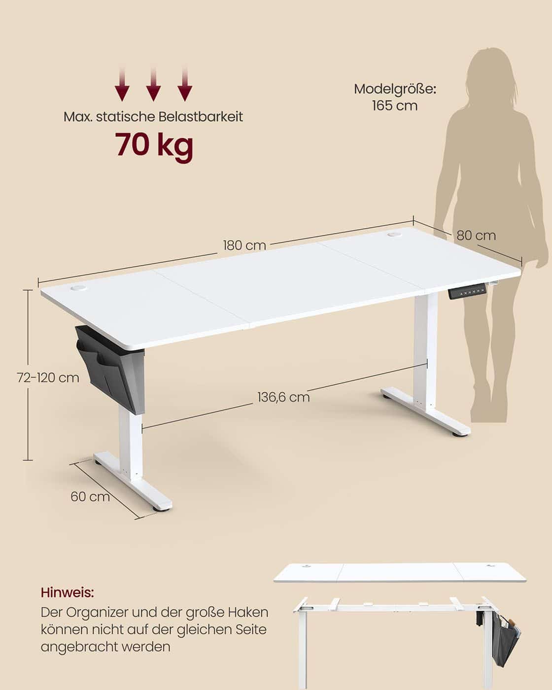 Höhenverstellbarer Schreibtisch elektrisch 180 x 80 cm wolkenweiß Höhenverstellbarer Schreibtisch elektrisch 180 x 80 cm wolkenweiß