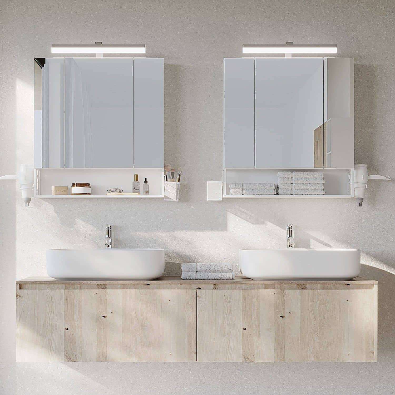 Badezimmerschrank mit LED-Beleuchtung, Steckdosen, Hängekorb