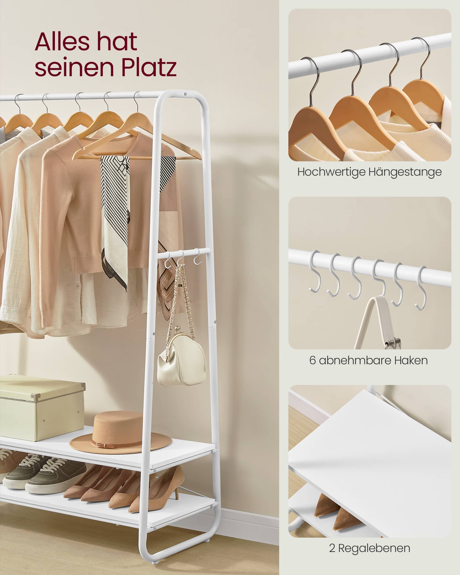 Kleiderständer mit 2 Ablagen und 6 Haken in S-Form Kleiderständer mit 2 Ablagen und 6 Haken in S-Form