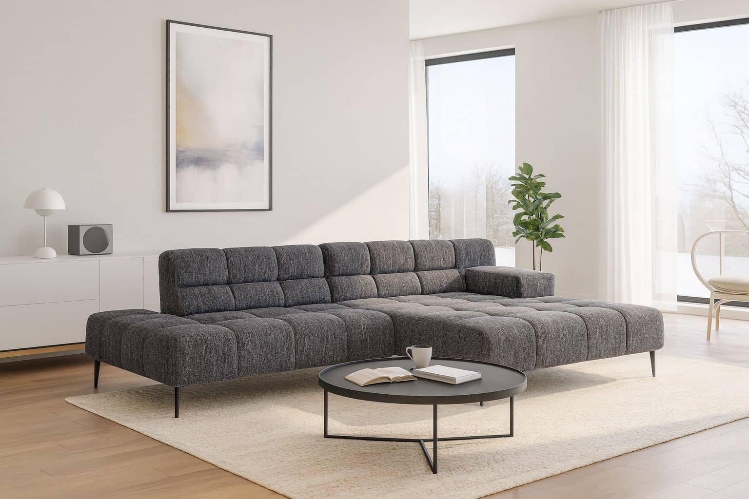 Liam Ecksofa von designwerk – modernes Flachgewebe-Sofa mit Sitztiefenverstellung und Recamiere Liam Ecksofa von designwerk – modernes Flachgewebe-Sofa mit Sitztiefenverstellung und Recamiere