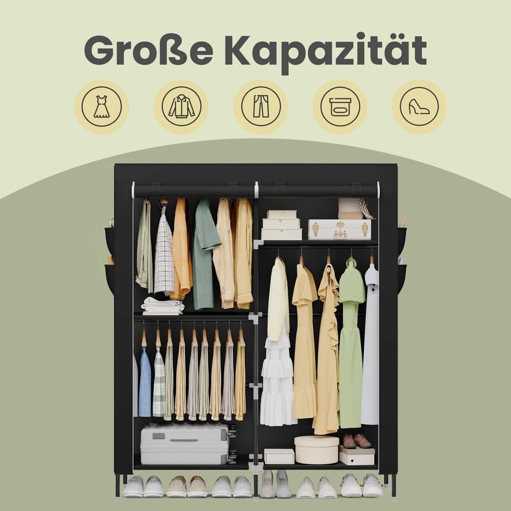 Stoffschrank mit Kleiderstange, Kleiderschrank mit Seitentaschen, Schrank für Schlafzimmer Stoffschrank mit Kleiderstange, Kleiderschrank mit Seitentaschen, Schrank für Schlafzimmer