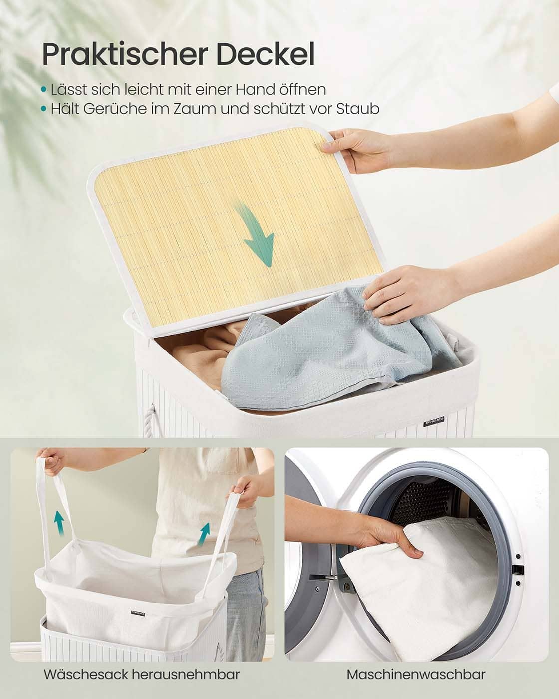 Wäschekorb aus Bambus mit Deckel und Griffen weiß