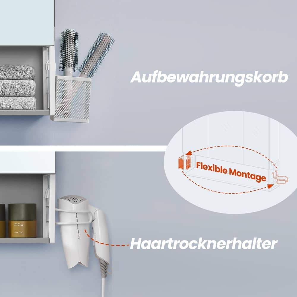 Wandschrank mit 3 Türen, Spiegel, Mehrfachsteckdose Wandschrank mit 3 Türen, Spiegel, Mehrfachsteckdose