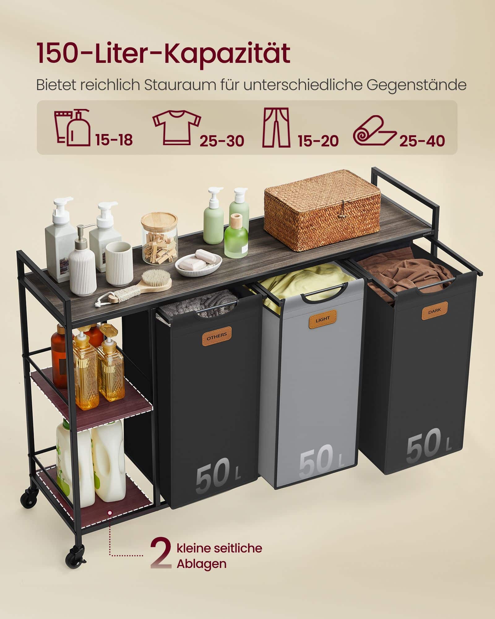 Wäschekorb 3 Fächer mit Rollen und abnehmbaren Taschen Wäschekorb 3 Fächer mit Rollen und abnehmbaren Taschen