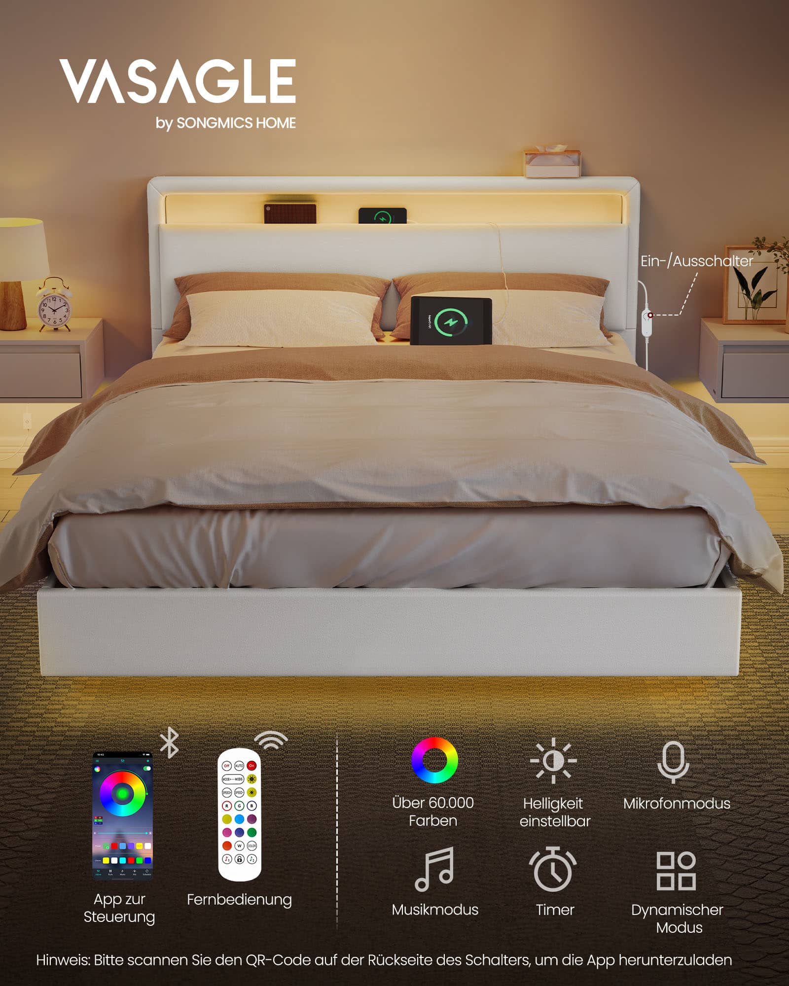 Bettgestell mit LED-Beleuchtung und Ladestation 140 x 200 cm Bettgestell mit LED-Beleuchtung und Ladestation 140 x 200 cm