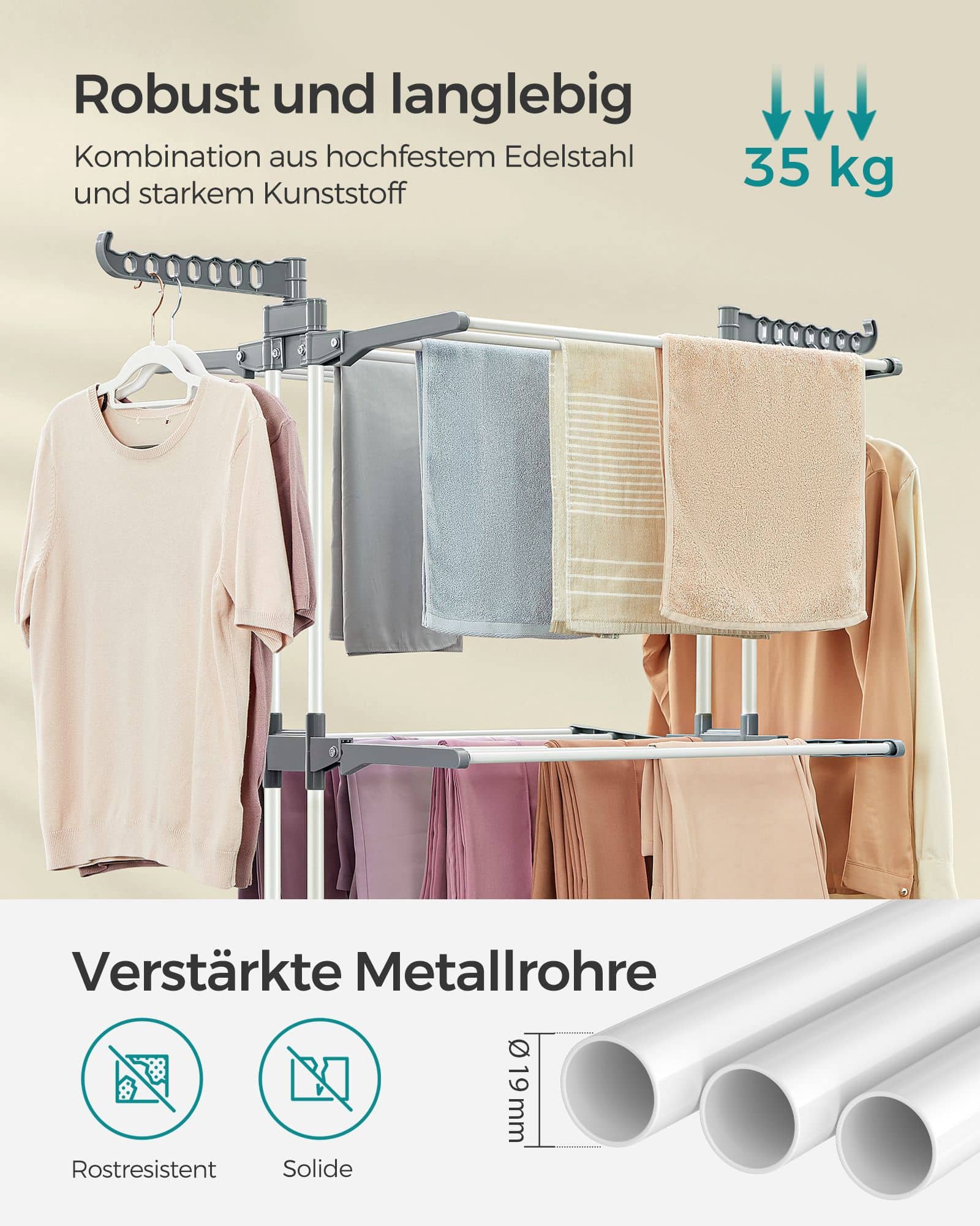 Wäscheständer 4 Ebenen mit klappbaren Flügeln und Rollen weiß Wäscheständer 4 Ebenen mit klappbaren Flügeln und Rollen weiß