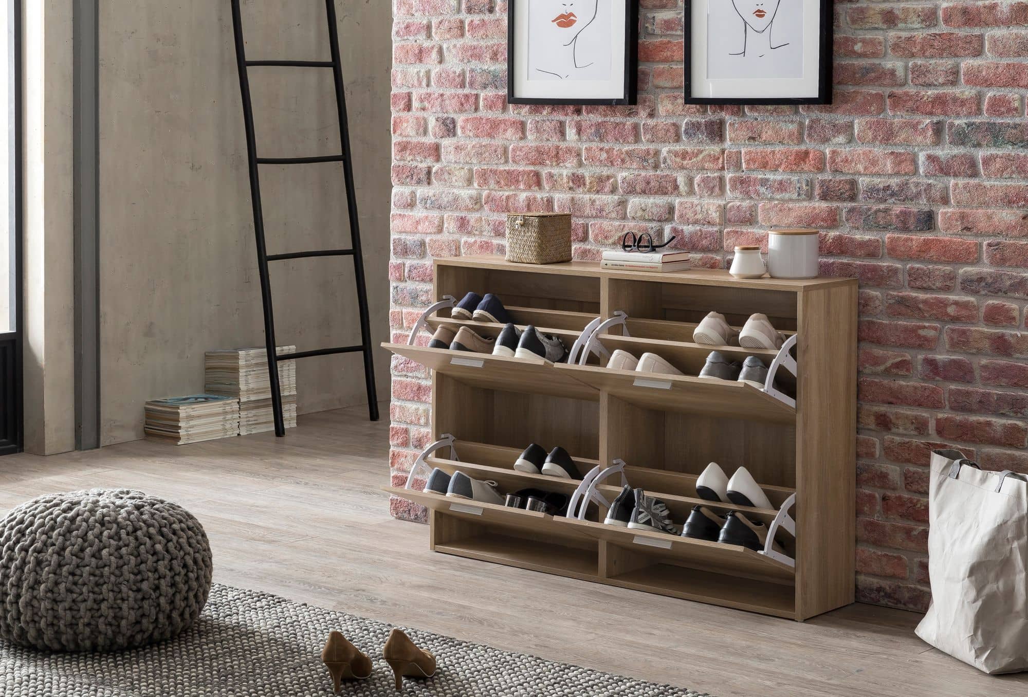 48488-WOHNLING-Schuhschrank-LEILA-120x24x81-cm-Sonoma-WL5-828-WL5-828_4 Schuhschrank geschlossen modern - 120x81x24cm Holz Schuhregal Sonoma 4 Fächer