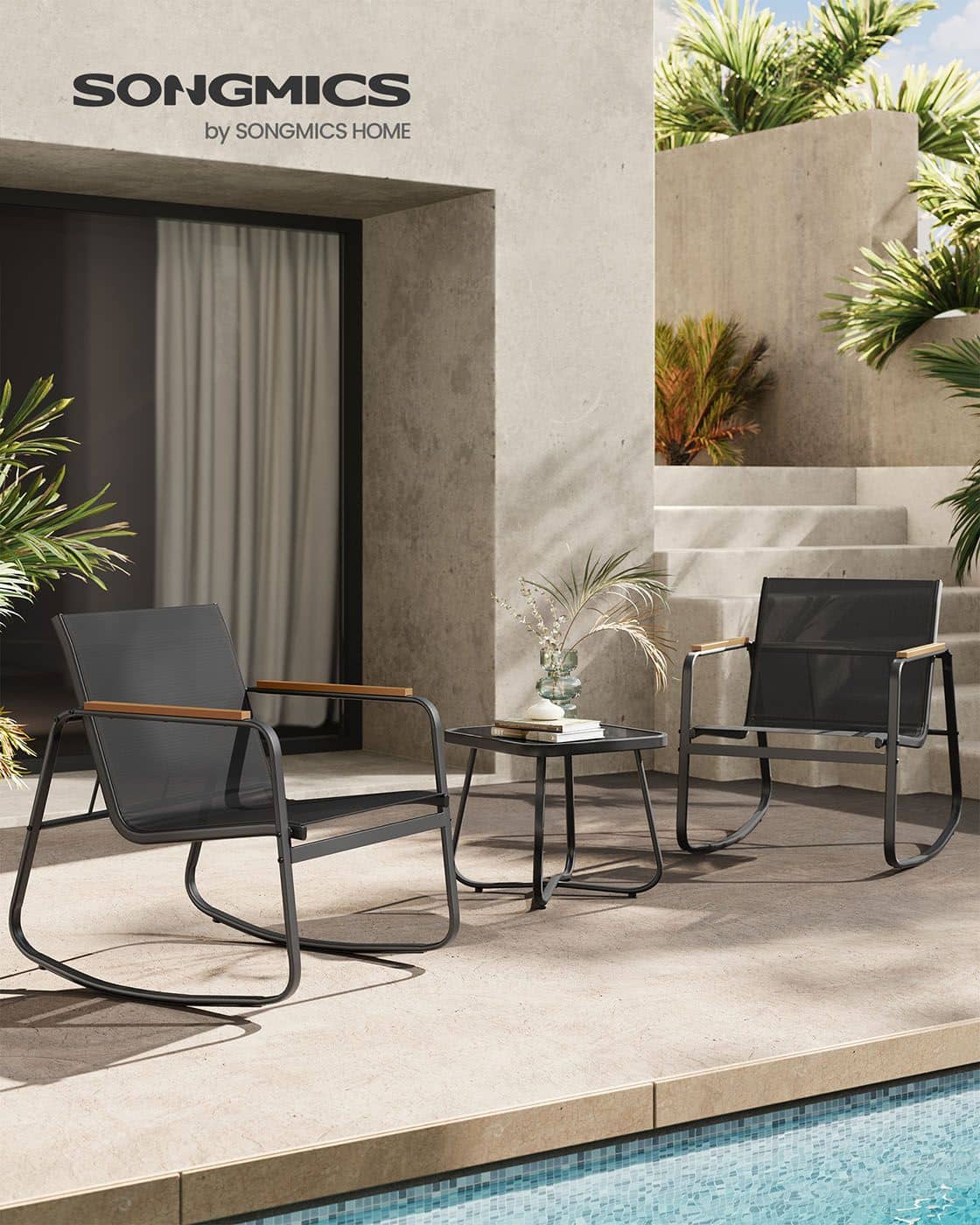 Gartenmöbel-Set 2 Schaukelstühle mit Tisch tintenschwarz Gartenmöbel-Set 2 Schaukelstühle mit Tisch tintenschwarz