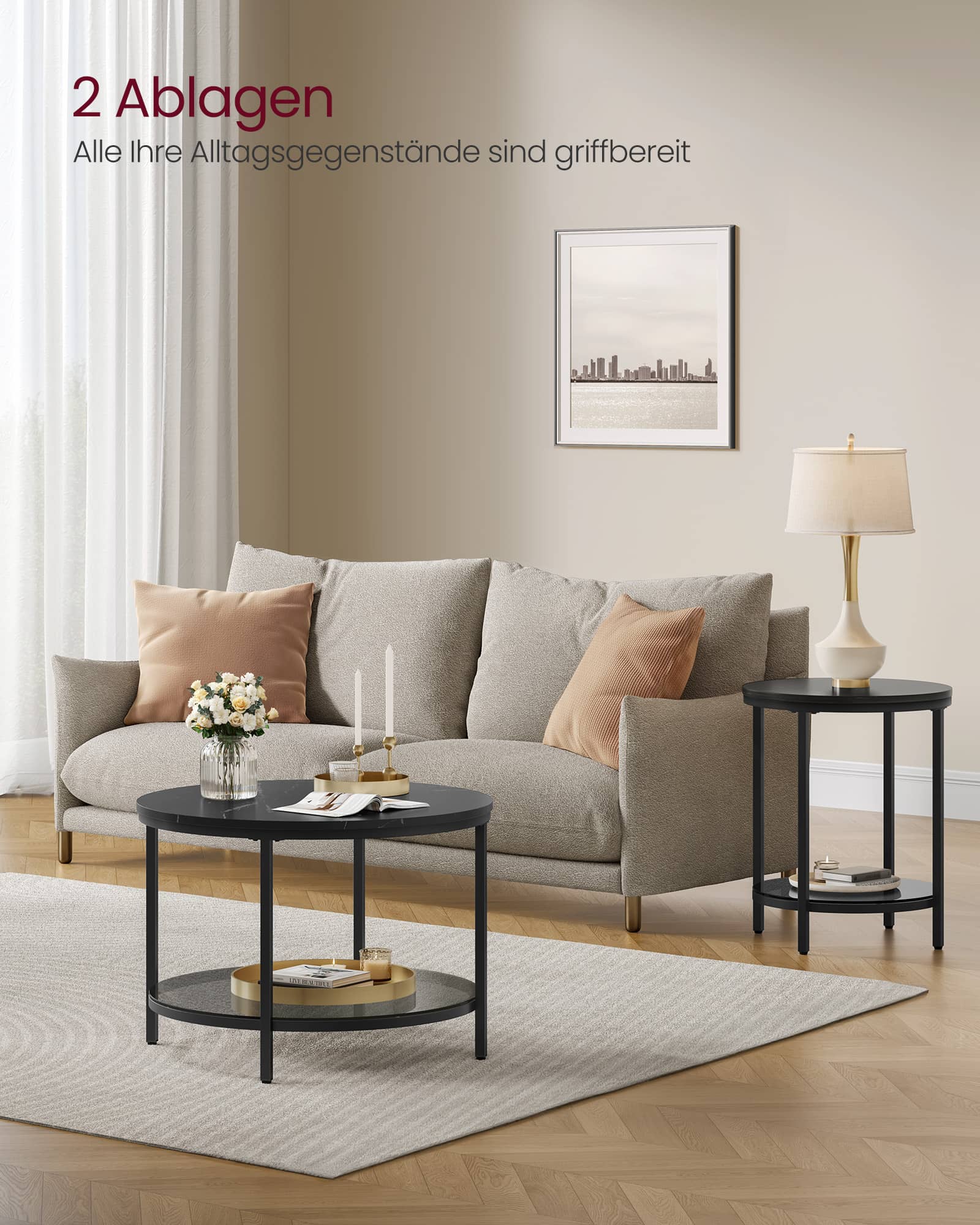 Couchtisch 2 Ebenen mit Glasplatte marmorschwarz-tintenschwarz