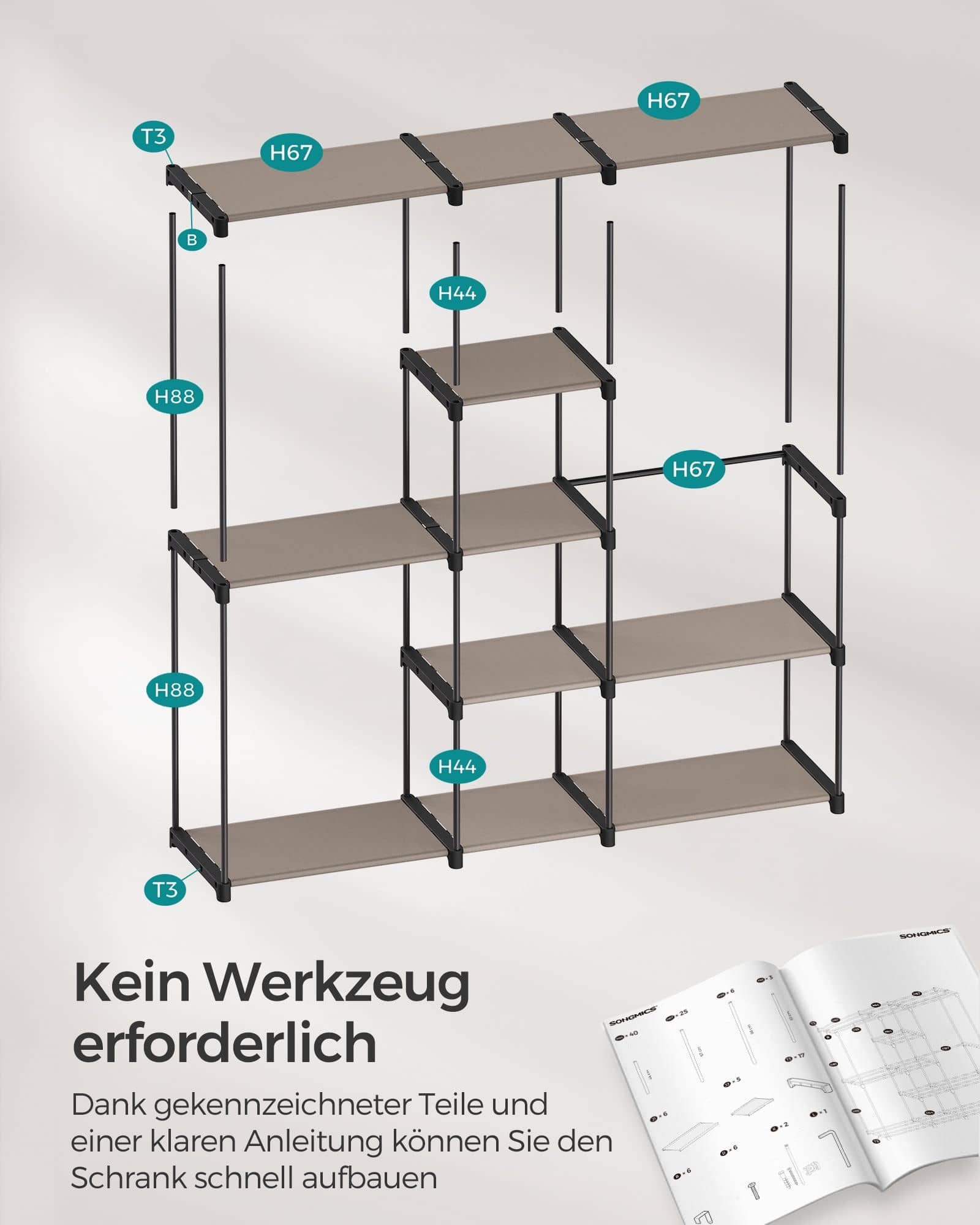 SONGMICS Kleiderschrank in Taupe – Freistehende Garderobe mit Kleiderstangen SONGMICS Kleiderschrank in Taupe – Freistehende Garderobe mit Kleiderstangen