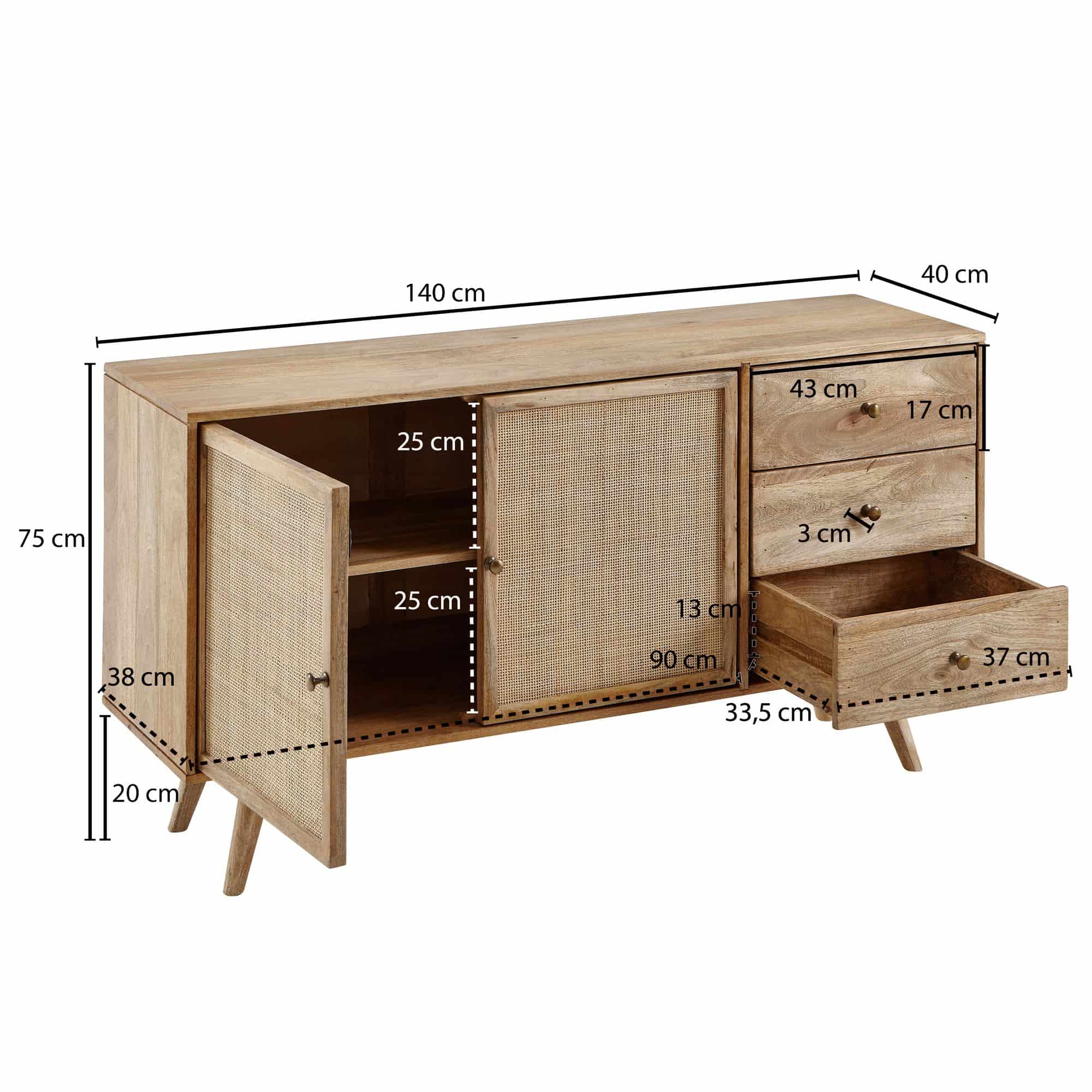 Design Sideboard 140x75x40 cm Mango Massivholz / Rattan