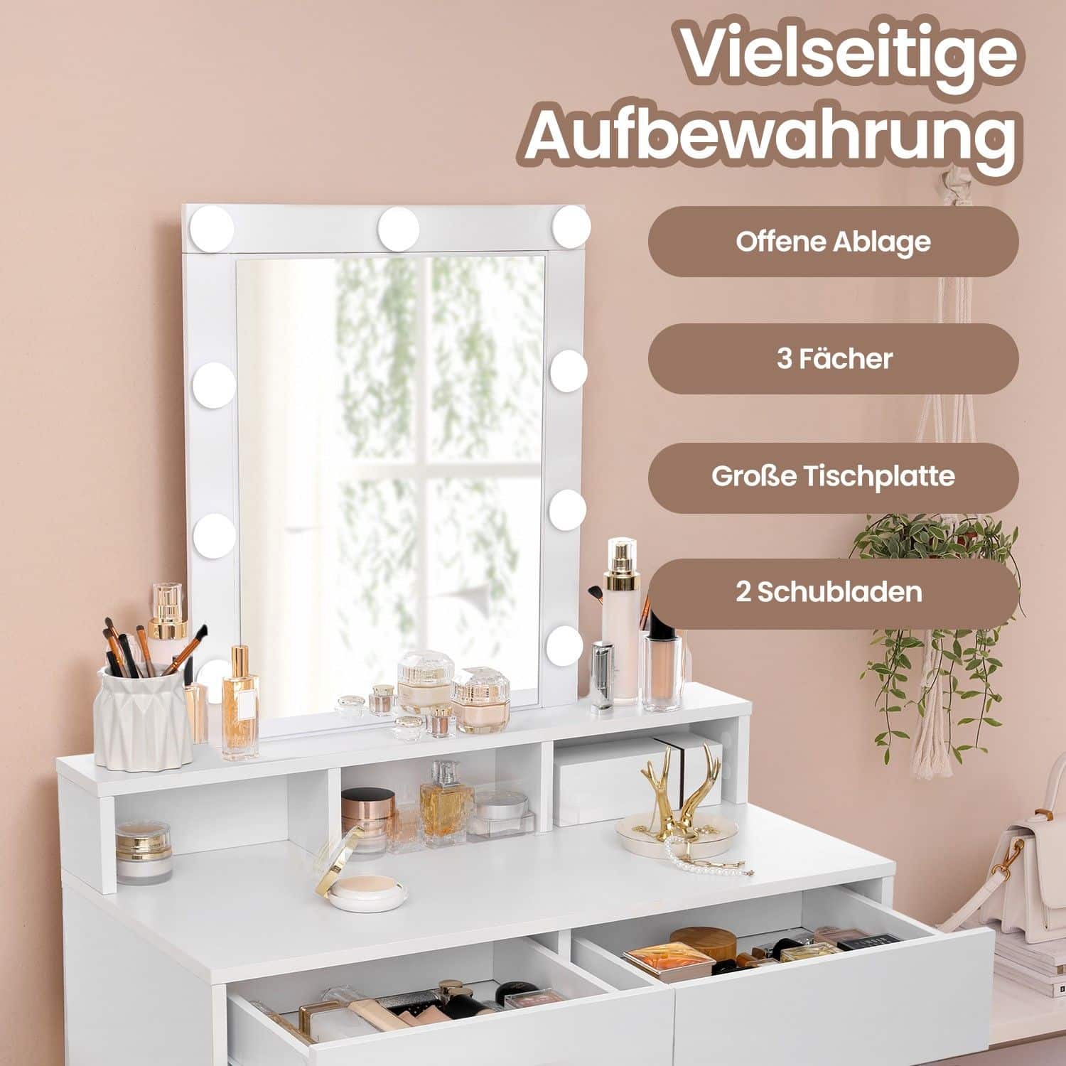 Schminktisch mit LED-Beleuchtung, Frisiertisch mit Spiegel, 2 Schubladen und 3 offenen Fächern Schminktisch mit LED-Beleuchtung, Frisiertisch mit Spiegel, 2 Schubladen und 3 offenen Fächern