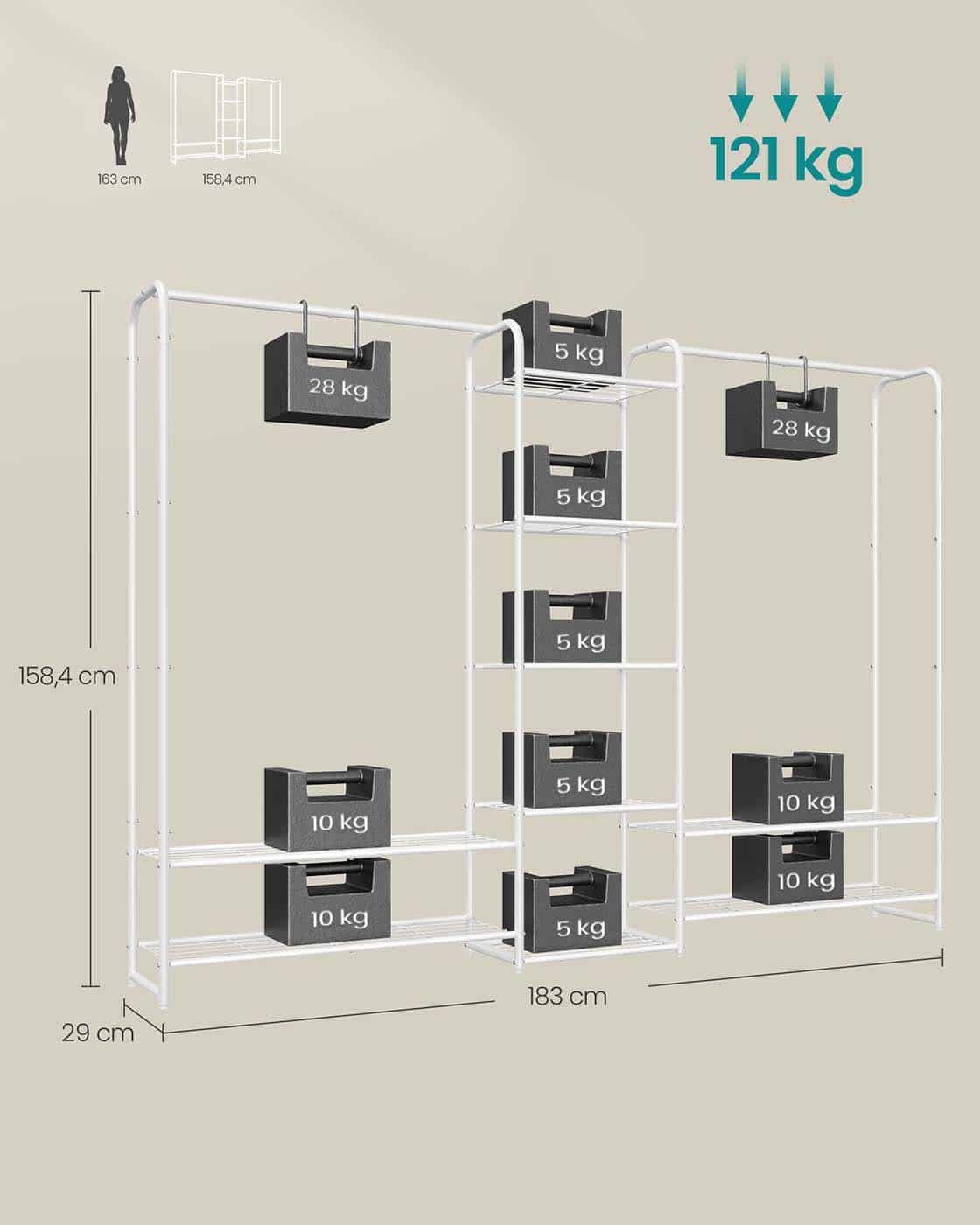 Metall-Kleiderständer 29 x 183 x 158,4 cm mit Ablagen mattweiß Metall-Kleiderständer 29 x 183 x 158,4 cm mit Ablagen mattweiß