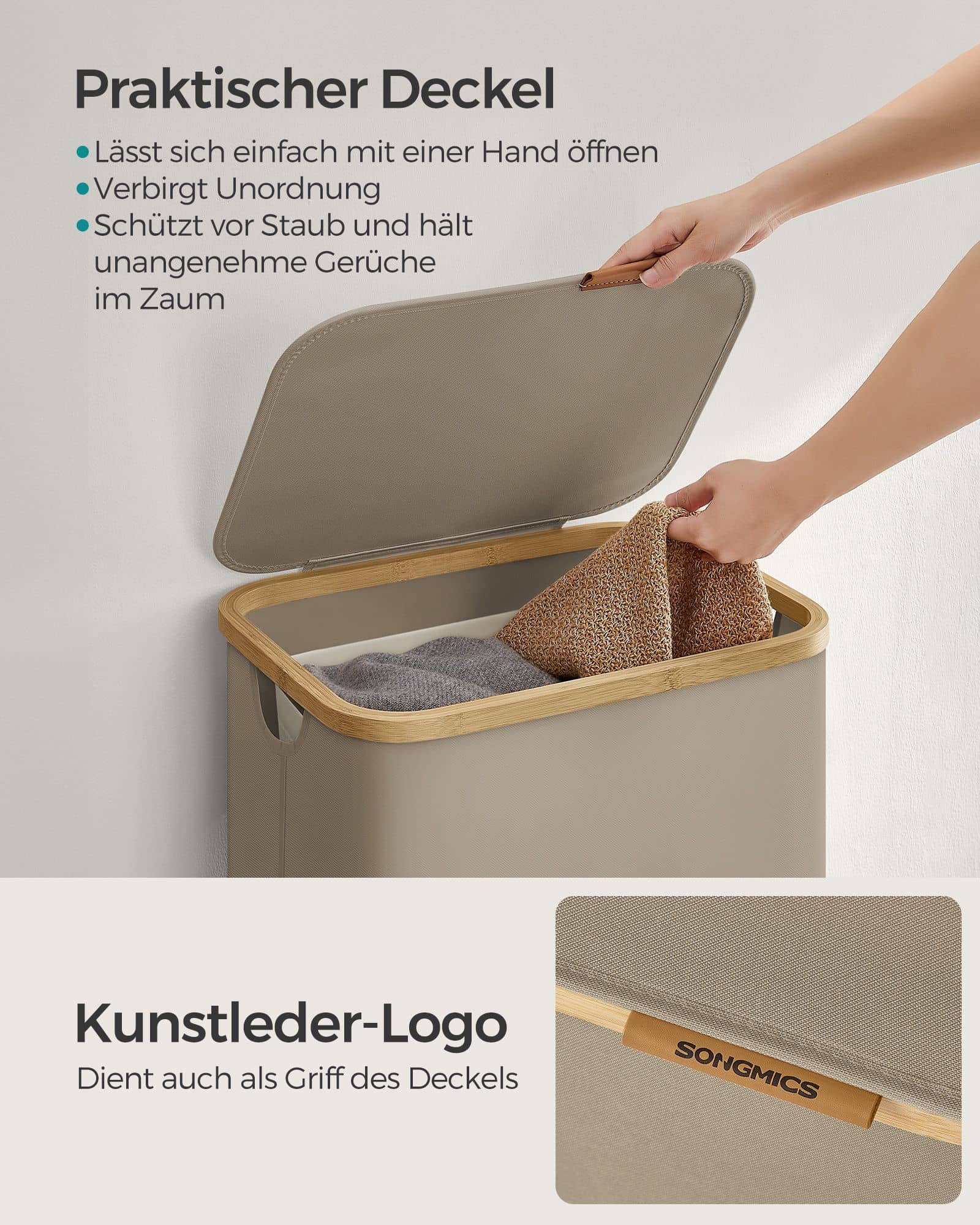 Wäschekorb 90 Liter mit herausnehmbarem Wäschesack kamelbraun