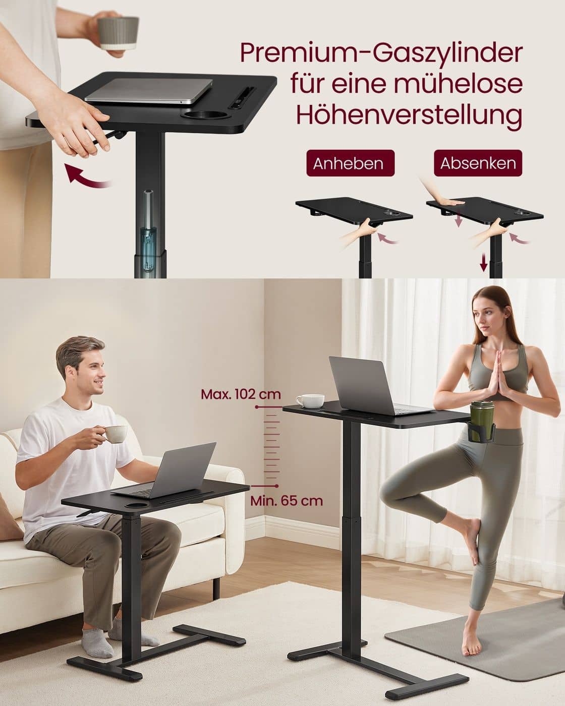 Mobiler Beistelltisch mit Rollen und Getränkehaltern Tintenschwarz