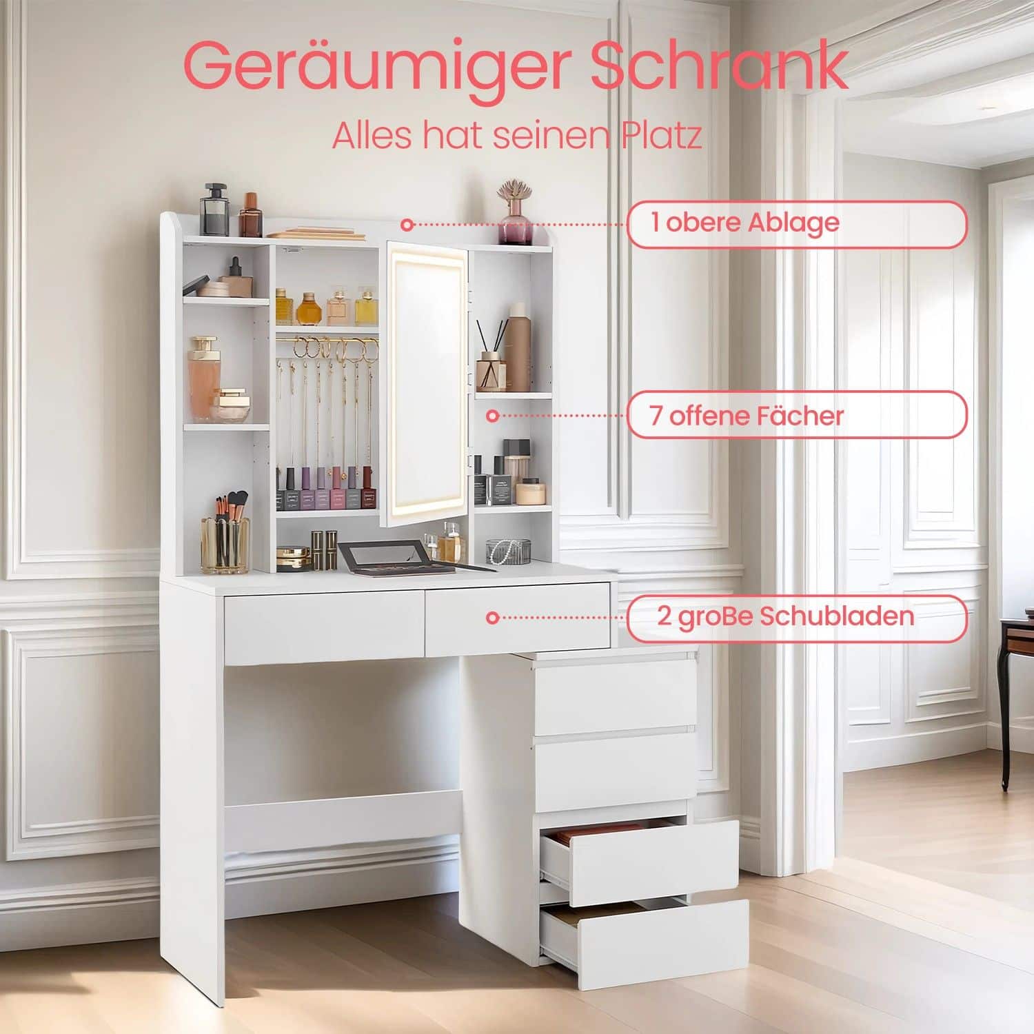 Frisiertisch mit Hocker, Schminktisch mit Spiegel, LED-Licht Frisiertisch mit Hocker, Schminktisch mit Spiegel, LED-Licht