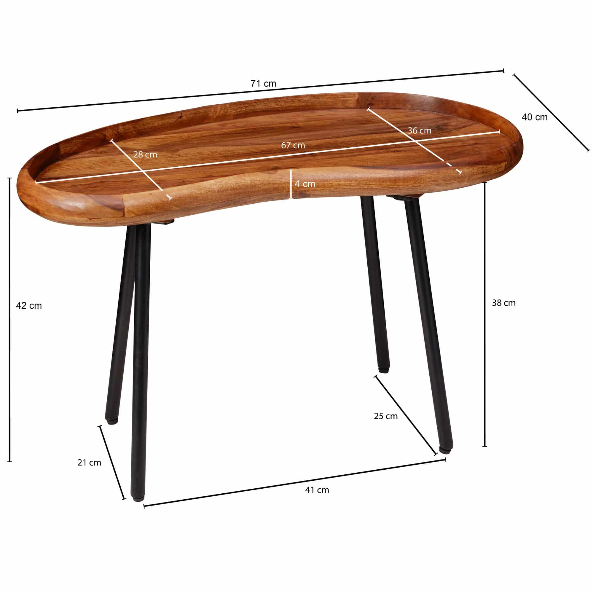 Couchtisch WL5.670 71x42x40 cm Sheesham massiv Sofatisch Nierenform mit Metallbeinen Couchtisch WL5.670 71x42x40 cm Sheesham massiv Sofatisch Nierenform mit Metallbeinen