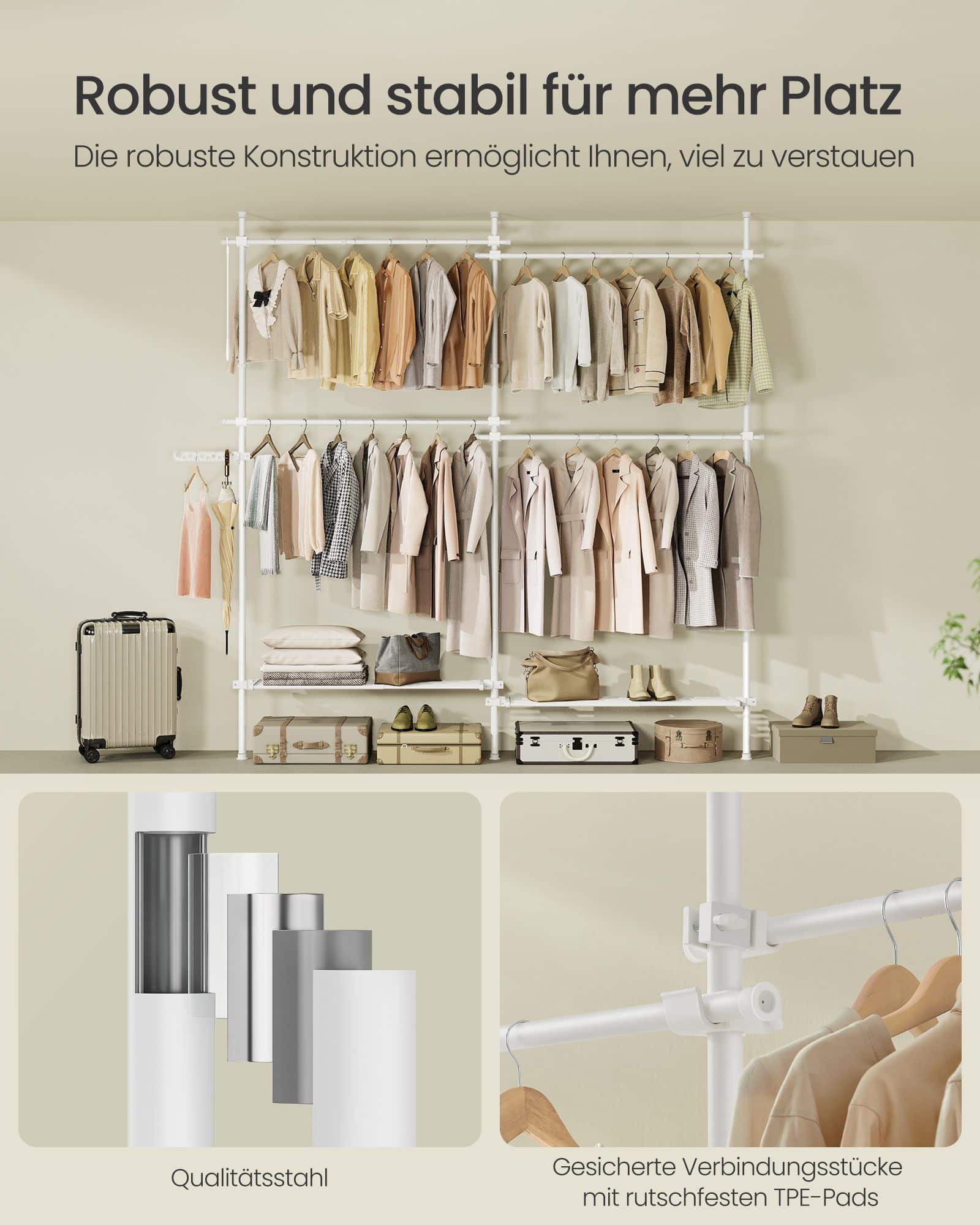Teleskop-Kleiderstangen mit 4 Stangen und 2 Ablagen mattweiß Teleskop-Kleiderstangen mit 4 Stangen und 2 Ablagen mattweiß