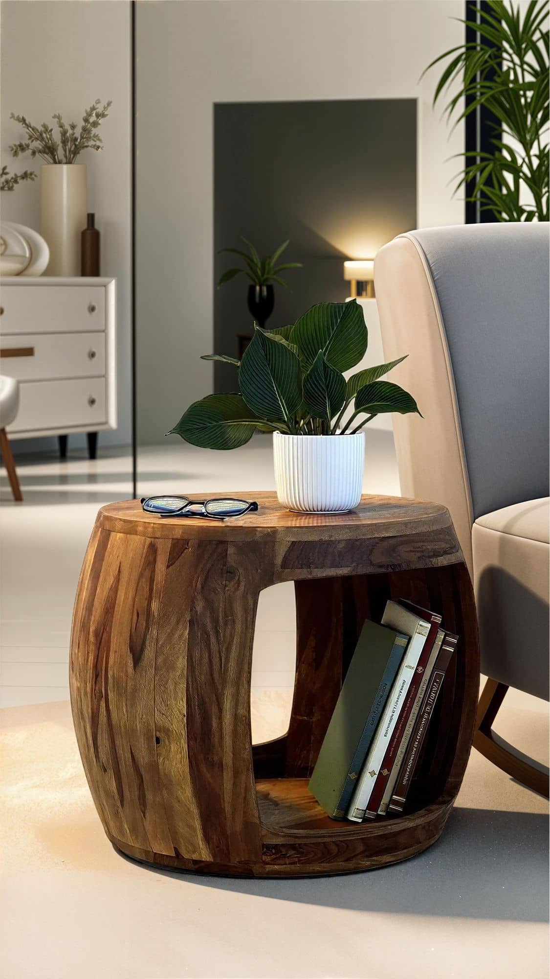 Beistelltisch Ø 50cm Sheesham Massivholz rund mit Ablagefach – Couchtisch Echtholz handgefertigt Beistelltisch Ø 50cm Sheesham Massivholz rund mit Ablagefach – Couchtisch Echtholz handgefertigt