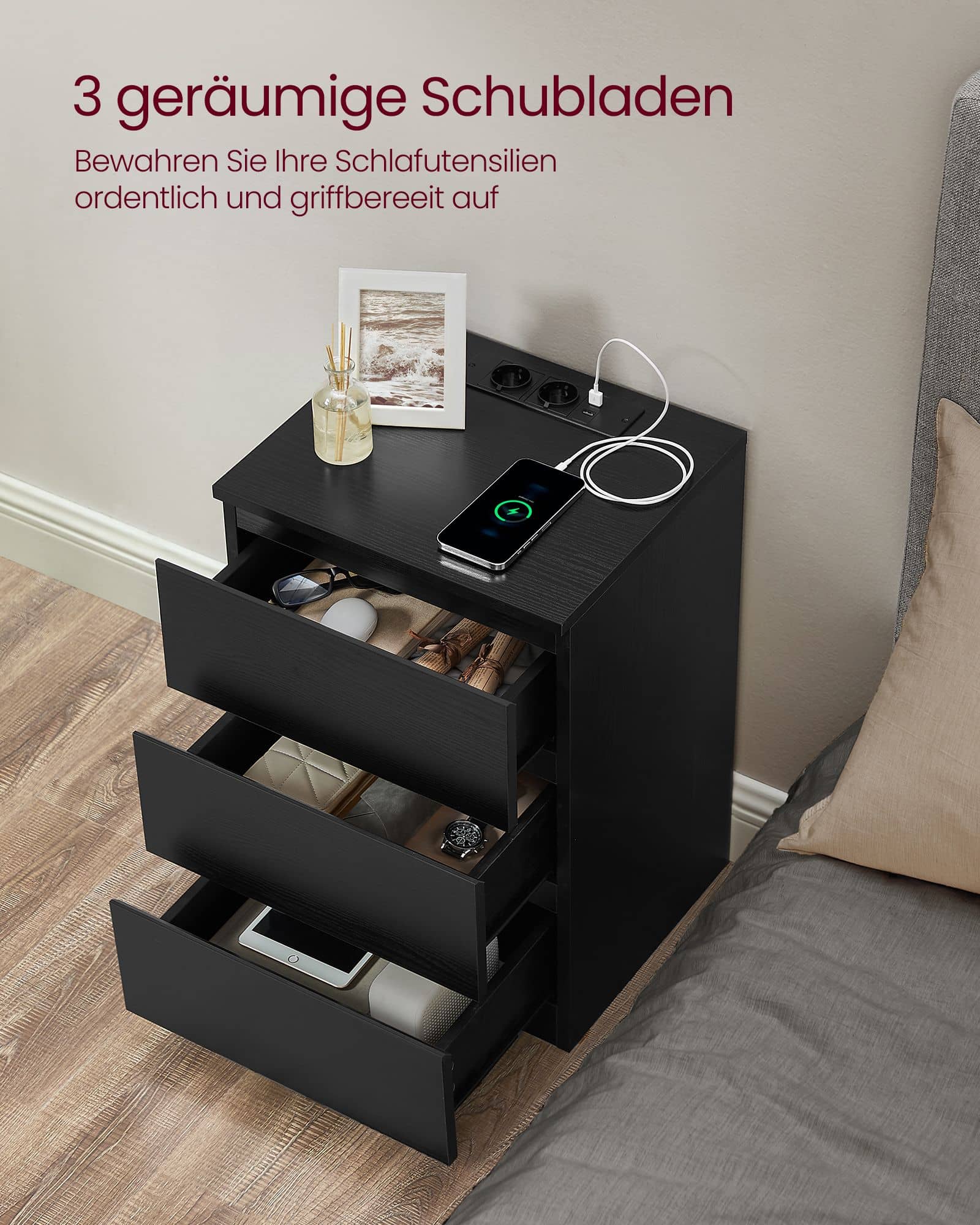 Nachttisch 2er Set 2 USB-Anschlüsse modern ebenholzschwarz Nachttisch 2er Set 2 USB-Anschlüsse modern ebenholzschwarz