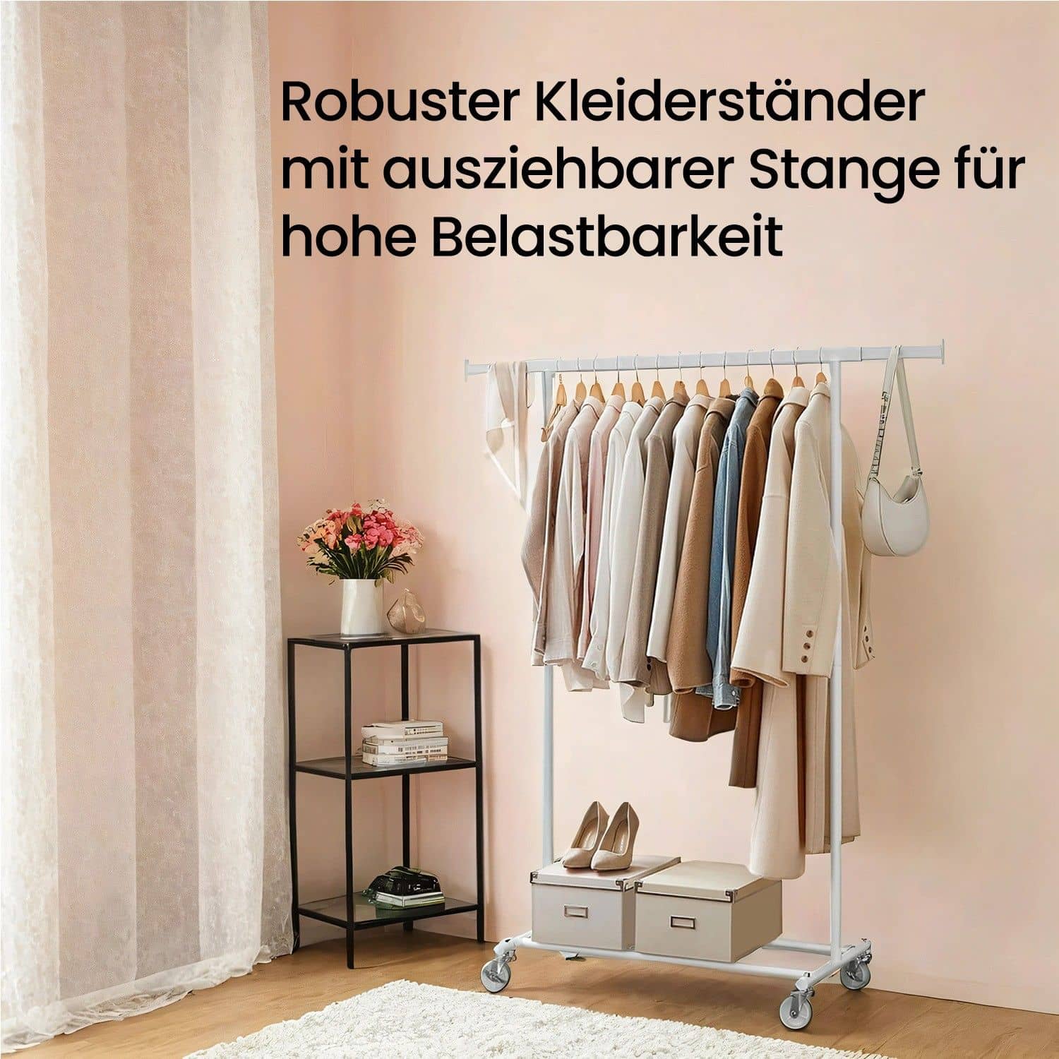 Kleiderständer auf Rollen, Schwerlast-Garderobenständer, ausziehbare Kleiderstange Kleiderständer auf Rollen, Schwerlast-Garderobenständer, ausziehbare Kleiderstange