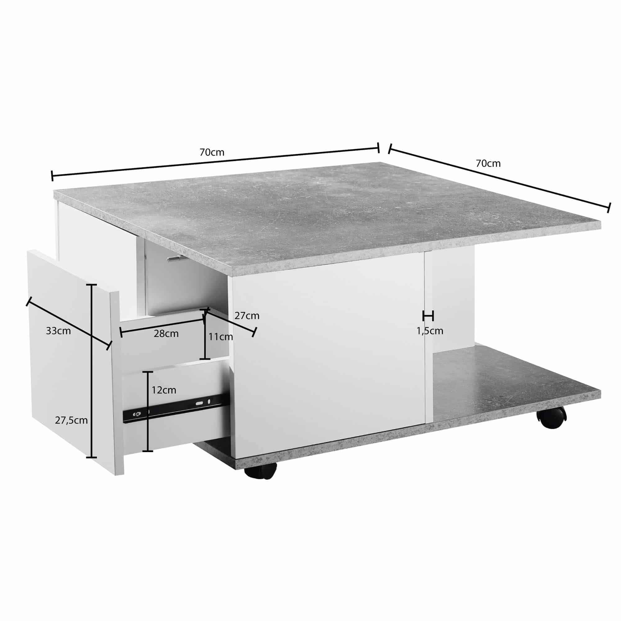 52549-WOHNLING-Design-Couchtisch-70x70-cm-Zementgrau-Weiss-Wohnzimmertisch-mit-2-Schubladen-Sofatisch-mit-Rollen-Tisch-mit-2-Faechern-designer-x-couchtische-zement-beton-70x70-_4 Design Couchtisch 70x70 cm Zementgrau / Weiß