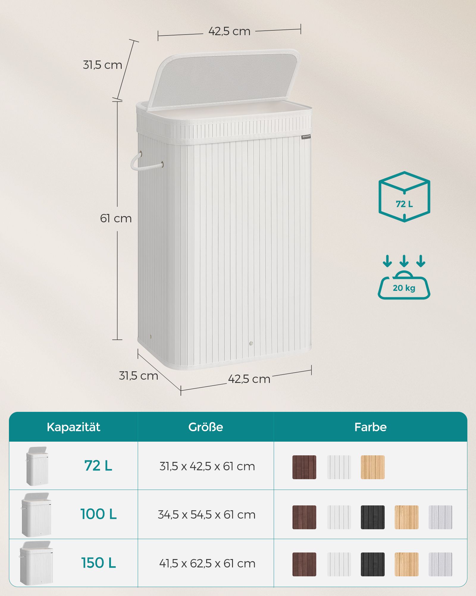 Wäschekorb mit Deckel aus Bambus 72 Liter wolkenweiß Wäschekorb mit Deckel aus Bambus 72 Liter wolkenweiß