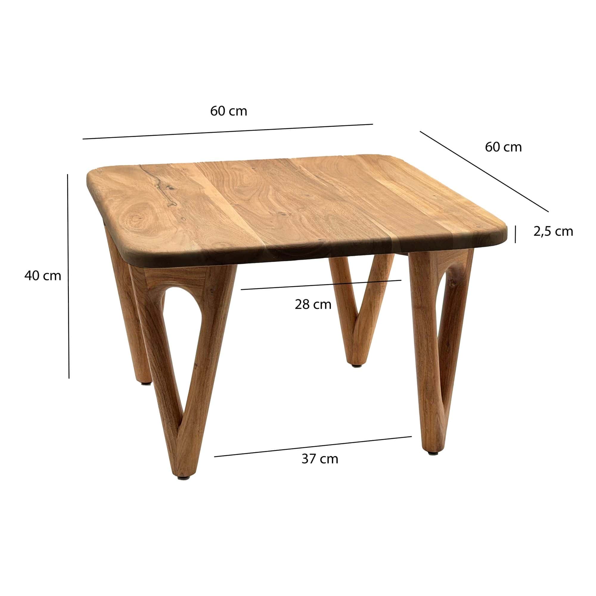 Couchtisch Akazie Massivholz 60cm - Wohnzimmertisch Quadratisch - Sofatisch Holz Modern - Design Loungetisch mit abgerundeten Ecken Landhaus Handmade