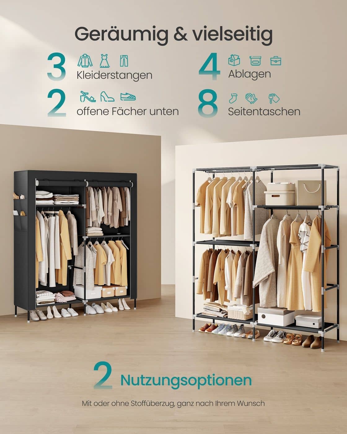 Stoffkleiderschrank mit Kleiderstange und praktischen Ablagen Stoffkleiderschrank mit Kleiderstange und praktischen Ablagen