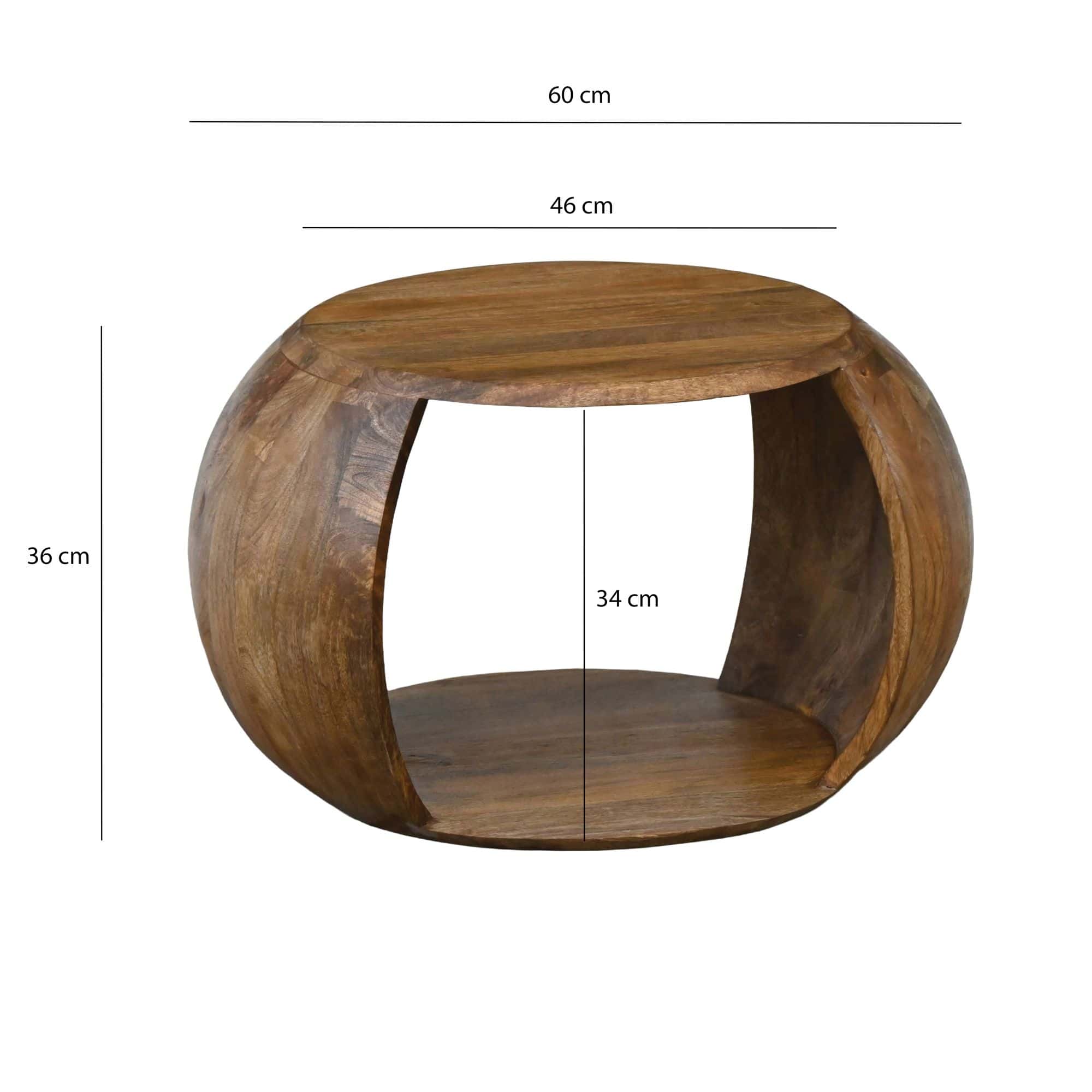 Couchtisch Mango Massivholz rund 60 cm x 46 cm x 36 cm - Wohnzimmertisch mit Ablagefach - Handgefertigter Sofatisch aus Echtholz im natürlichen Landhaus Design