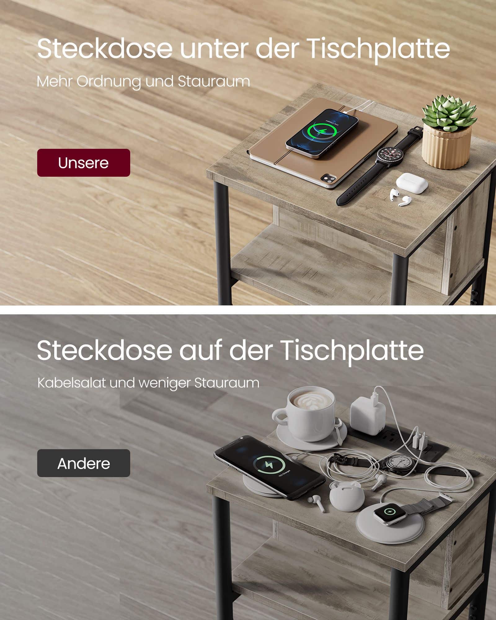 Beistelltisch mit Steckdose haselnussbraun-schwarz