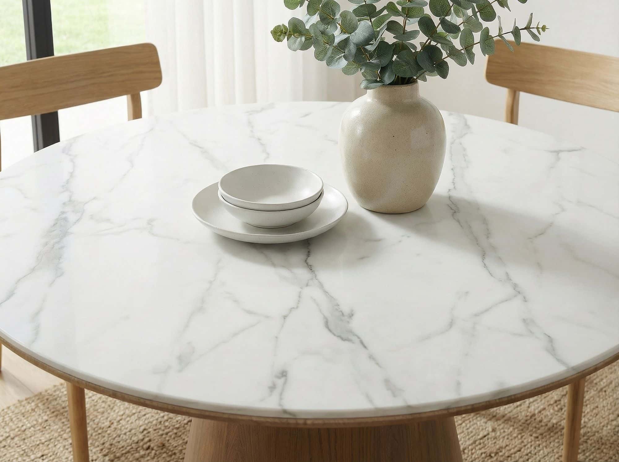 Esstisch rund 120cm mit weißer Sinterstein Tischplatte in Marmor Optik - Esszimmertisch Küchentisch für 6 Personen modern - Design Tisch Metallgestell Walnuss-Optik Esszimmer Küche