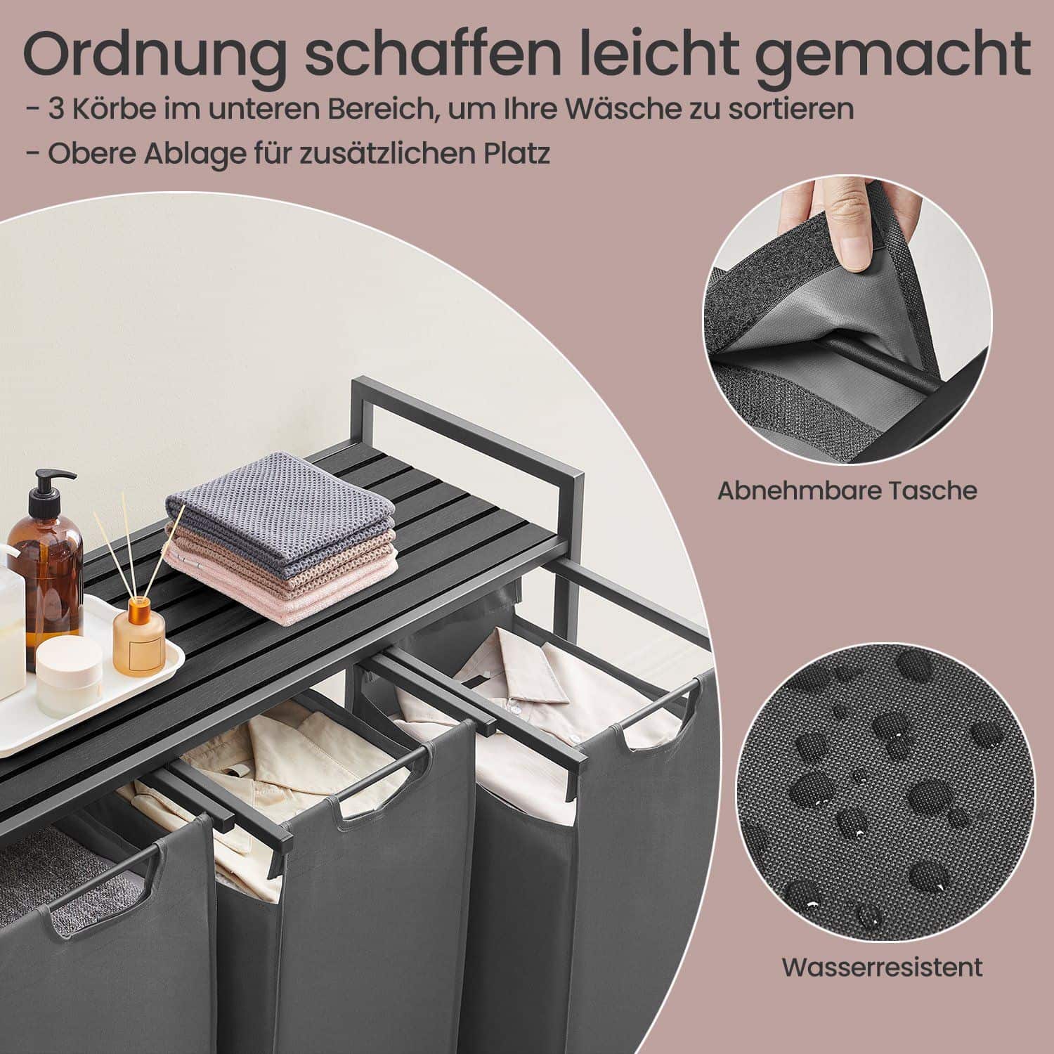 Wäschekorb 3 Fächer, Wäschesammler mit Ablage, Wäschebox Wäschekorb 3 Fächer, Wäschesammler mit Ablage, Wäschebox