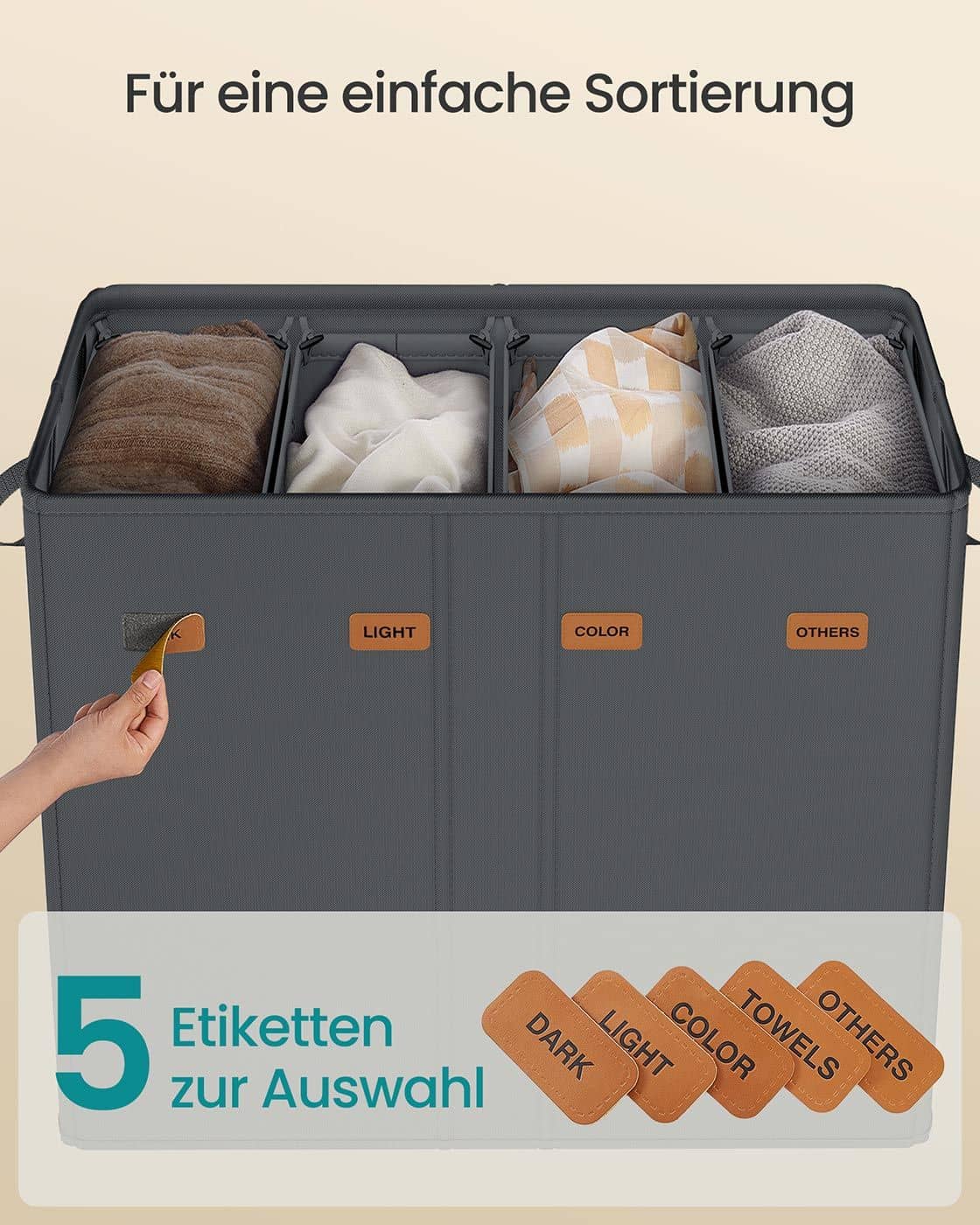 Wäschekorb mit drei Fächern Deckel und waschbarem Innensack