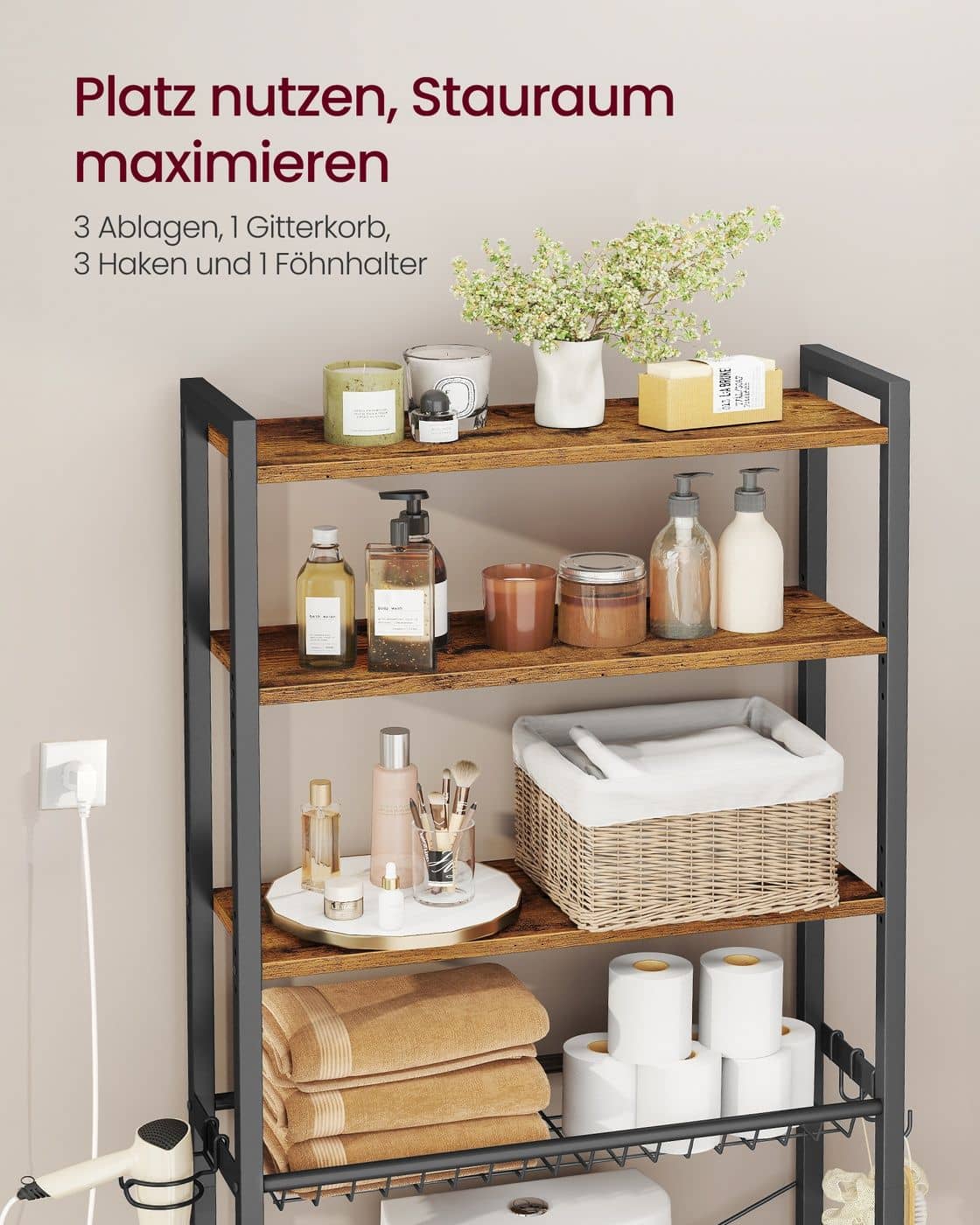 Badezimmerregal über der Toilette spart Platz und ordnet Utensilien