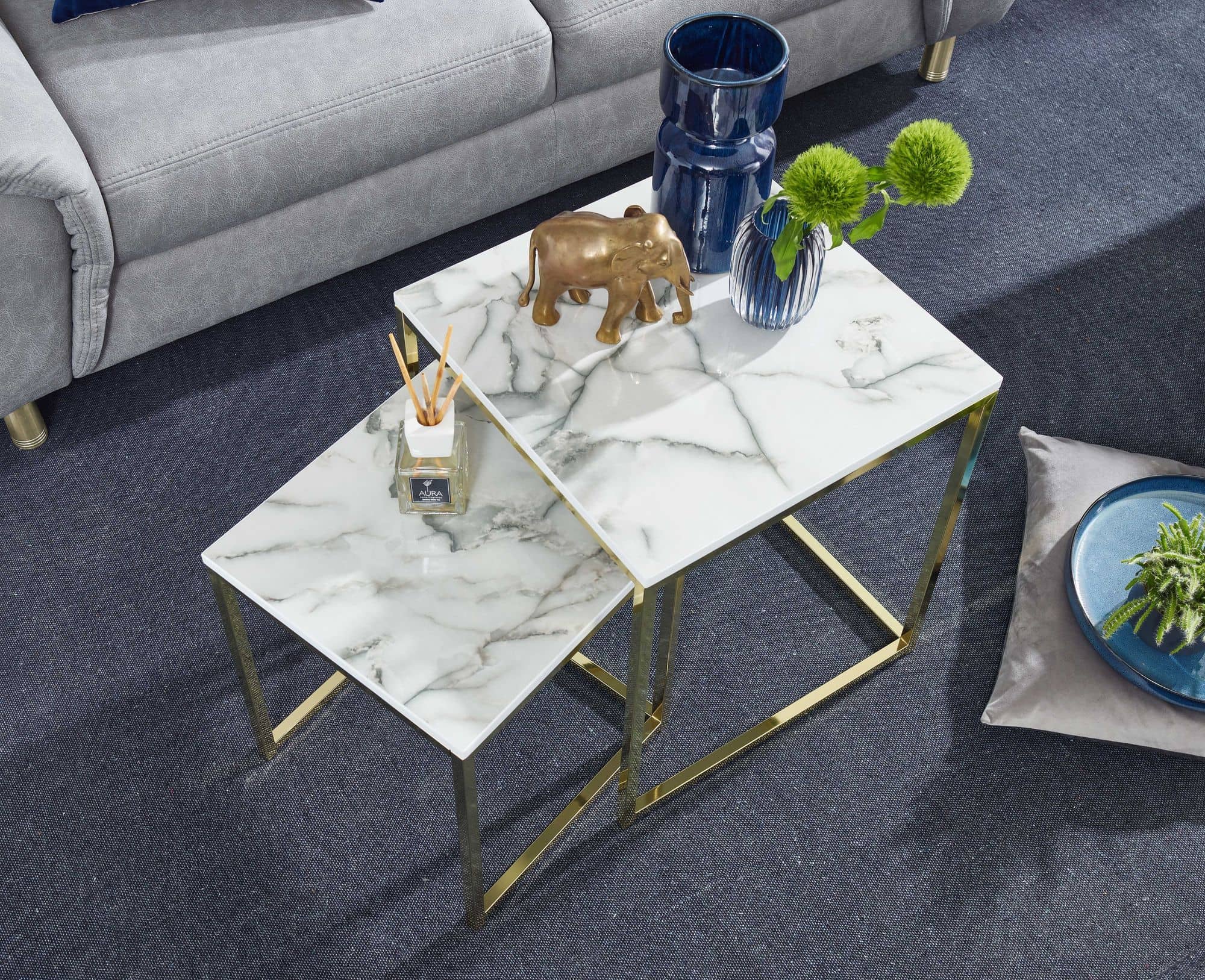 Design Beistelltisch 2er Set Weiß Marmor Optik Eckig