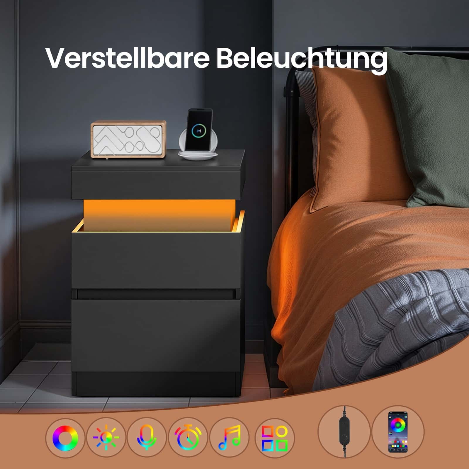 Beistelltisch mit Ladestation, 2er Set, Nachttisch mit Beleuchtung