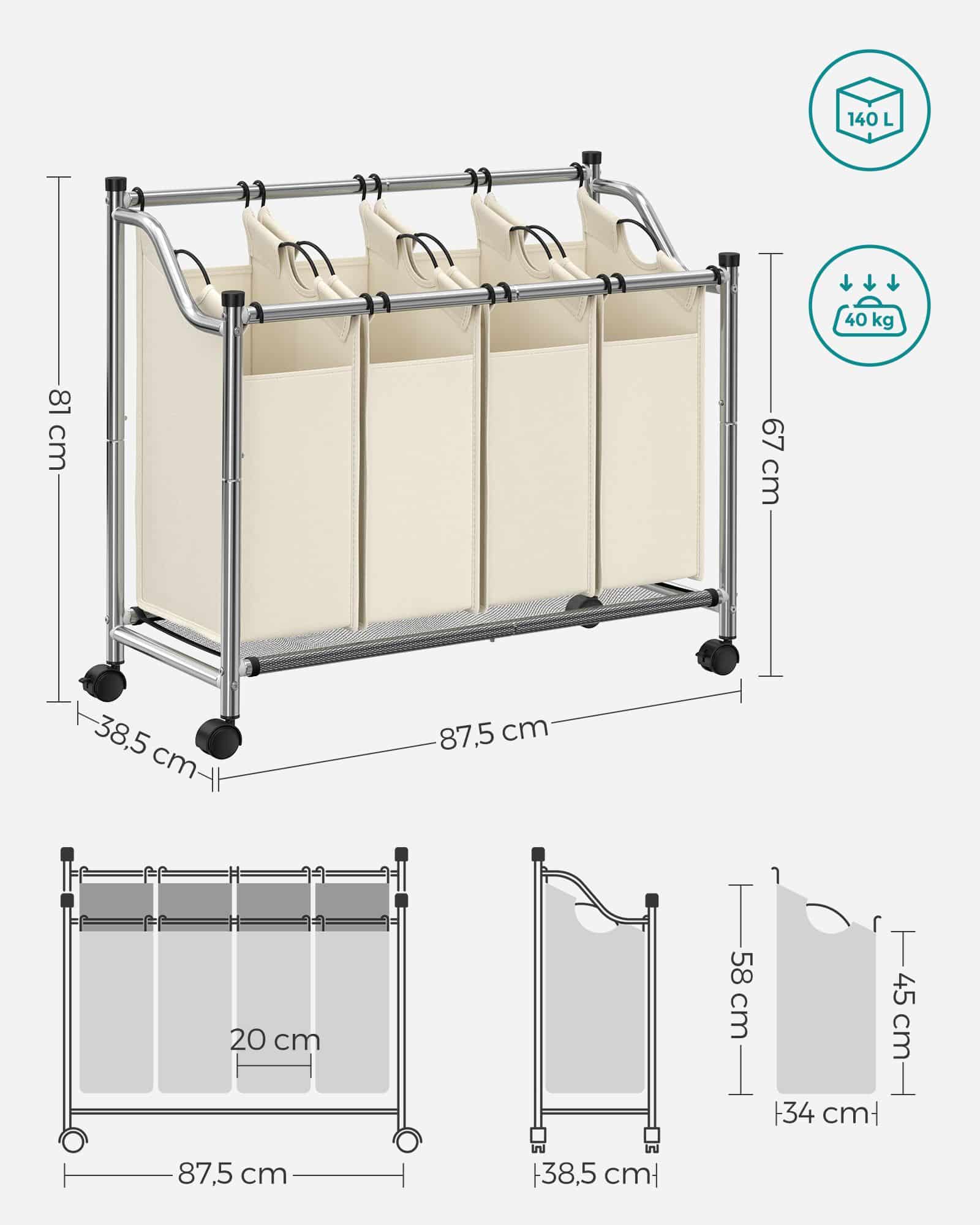 Wäschesammler 4 x 35 L Beige-LSF005S Wäschesammler 4 x 35 L Beige-LSF005S