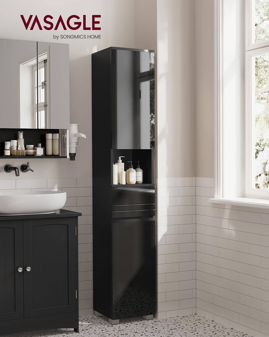 Schmaler Hochschrank mit Glastür und Füßen Tintenschwarz Schmaler Hochschrank mit Glastür und Füßen Tintenschwarz