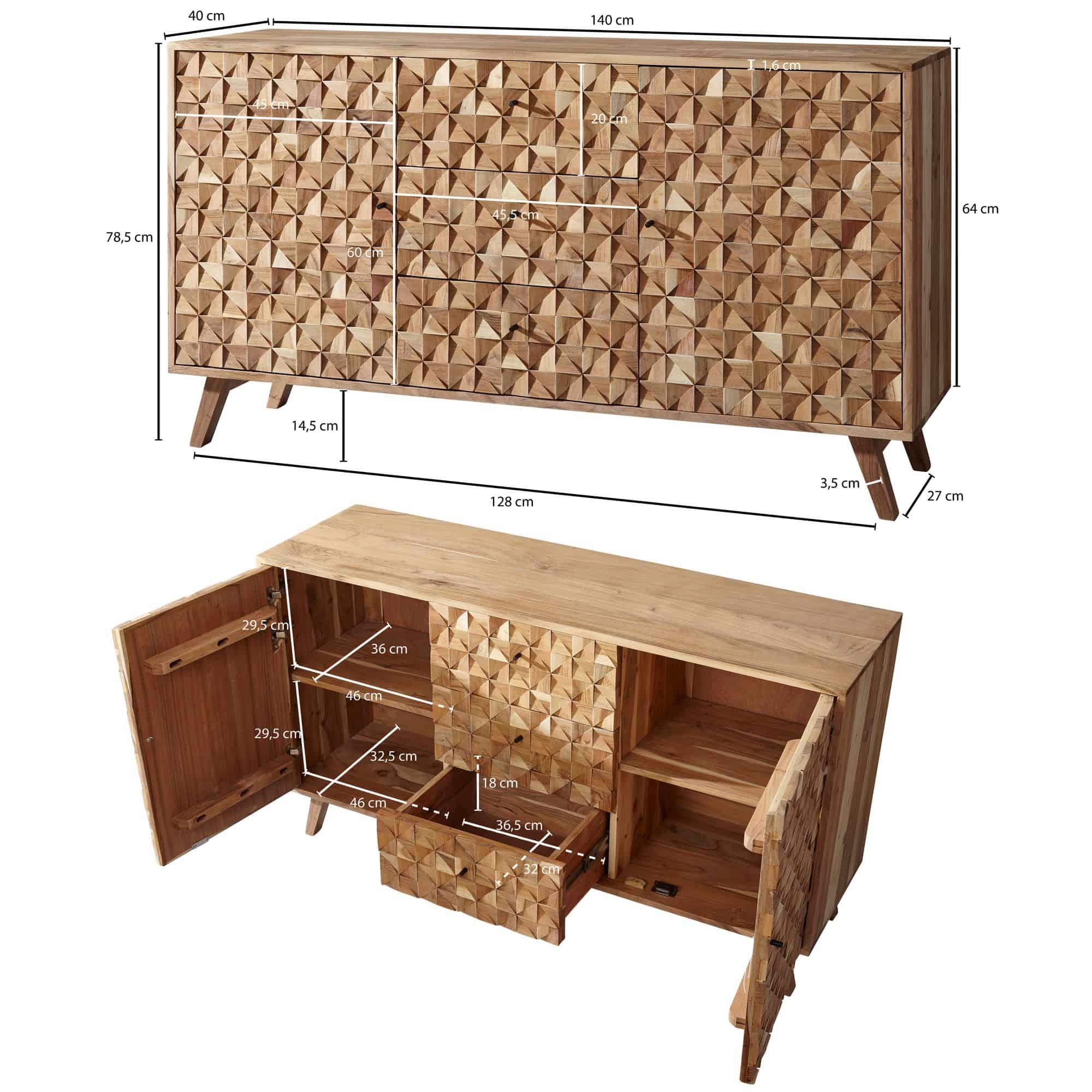 47283-WOHNLING-Sideboard-REWA-140x40x78-cm-Akazie_3 Sideboard REWA 140x78,5x40 cm Anrichte Massivholz Akazie Schrank Braun